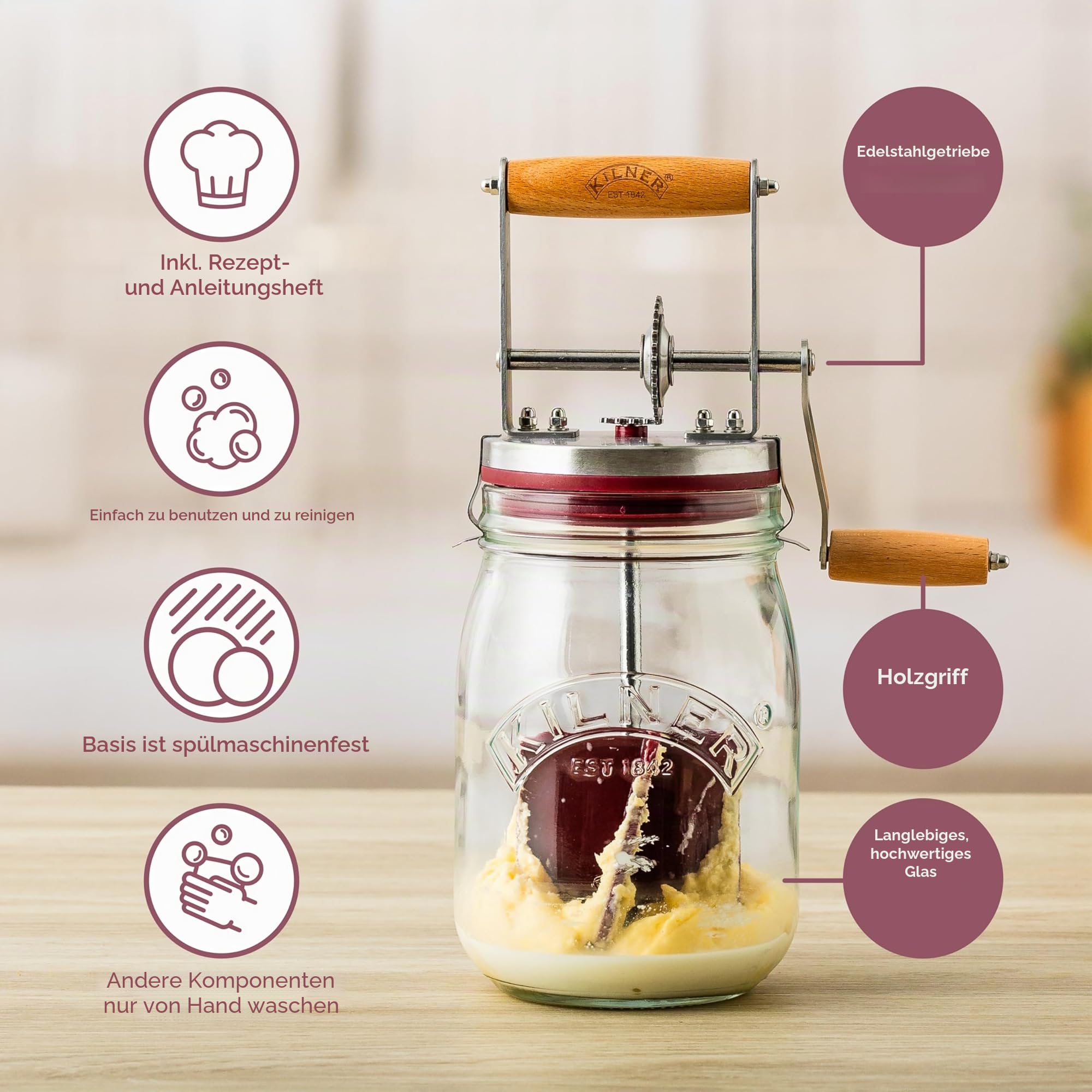 Kilner Butterfass Glas mit Handkurbel, leckere Butter selber machen in nur 10 Minuten, mit Silikonrührer, 1L, inkl. Anleitung und Rezepten, auch für Kräuterbutter, Knoblauchbutter usw., 27 cm hoch