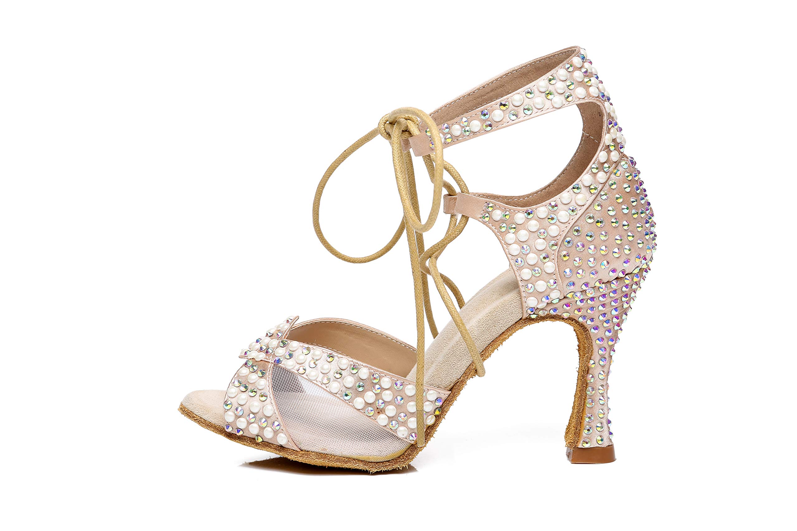 Minishion Ballroom Dancing Shoes Rhinestions Sparkle Dance Heels L452 Nude US 4