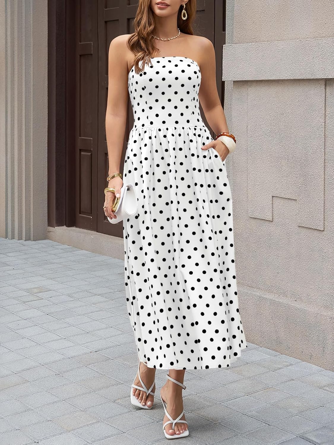Wenrine Womens Polka Dot Strapless Dress Summer Smocked Tube Top Casual Sleeveless Swing Flowy Maxi Dresses with Pockets - Image 5