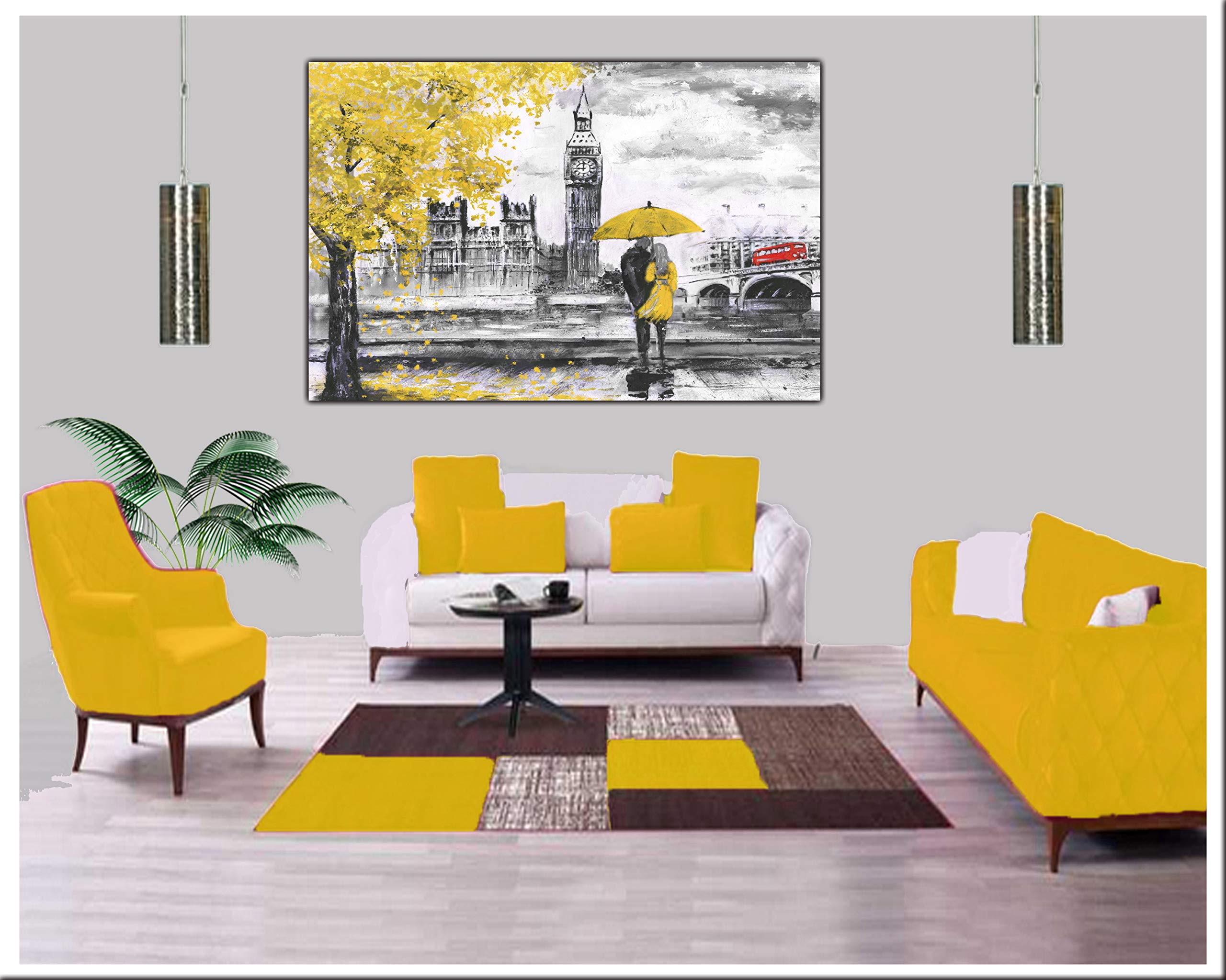 London Big Ben Peinture à l'huile sur toile encadrée Motif parlementaire Jaune 76 x 50 cm - 18 mm de profondeur