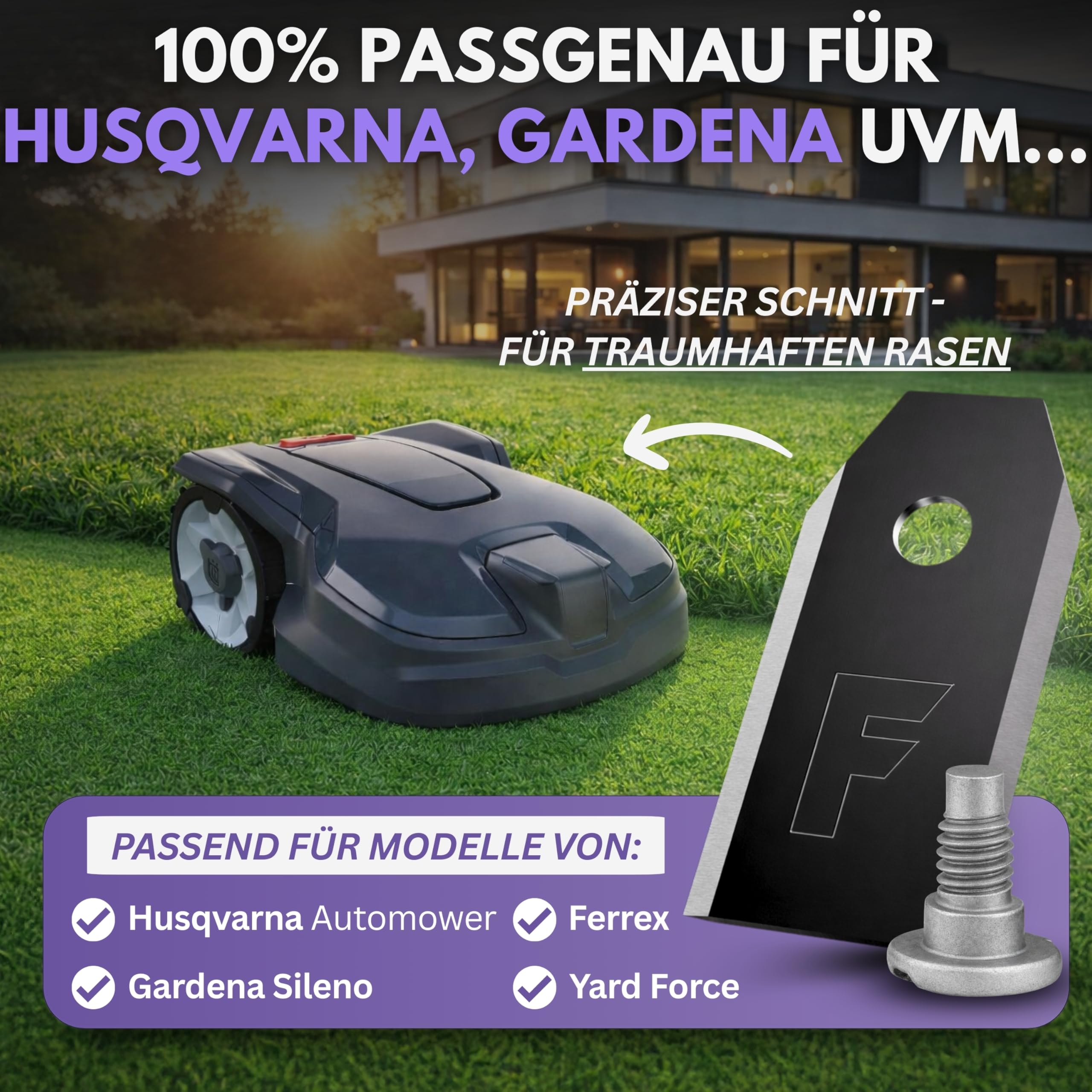 Filzada® 45x Mähroboter Messer CARBON inkl. Schrauben - Ersatzmesser für Rasenmäher kompatibel mit Husqvarna Mähroboter, Gardena Sileno & Yard Force - Geeignet für Husqvarna Automower Messer
