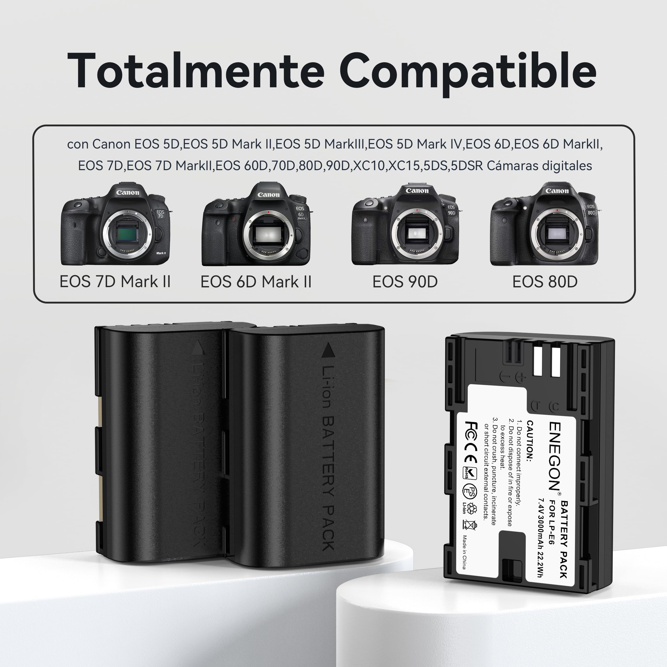 ENEGON Batería LP-E6 (3×3000mAh) Incluye Cargador de 3 Ranuras con Pantalla LCD Compatible Canon EOS 5D, EOS 5D Mark II,EOS 6D, 7D, 60D, 70D, 80D, 90D, XC10, XC15 Cámaras