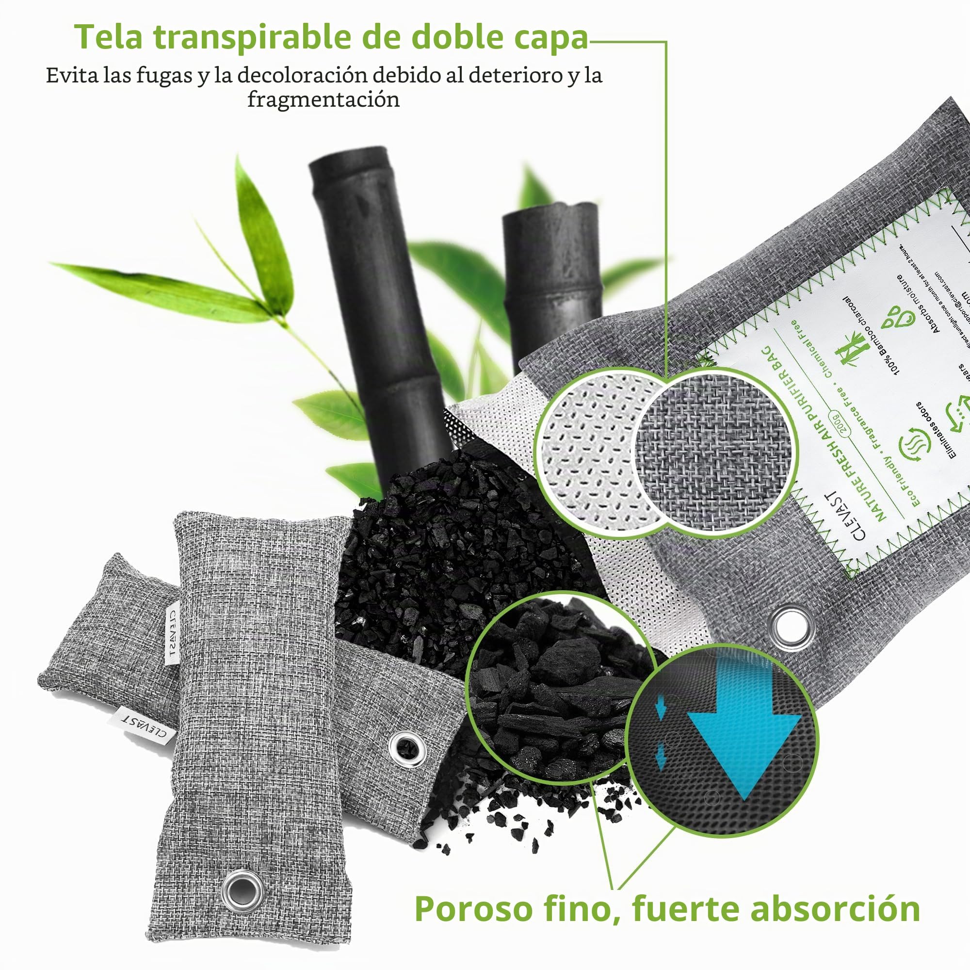 CLEVAST Bolsas Purificadoras de Aire de Carbón de Bambú (50g*12+200g*2), Desodorizante y Purificador Eliminador de Humedad para Armario, Calzado, Ambientador de Coche.
