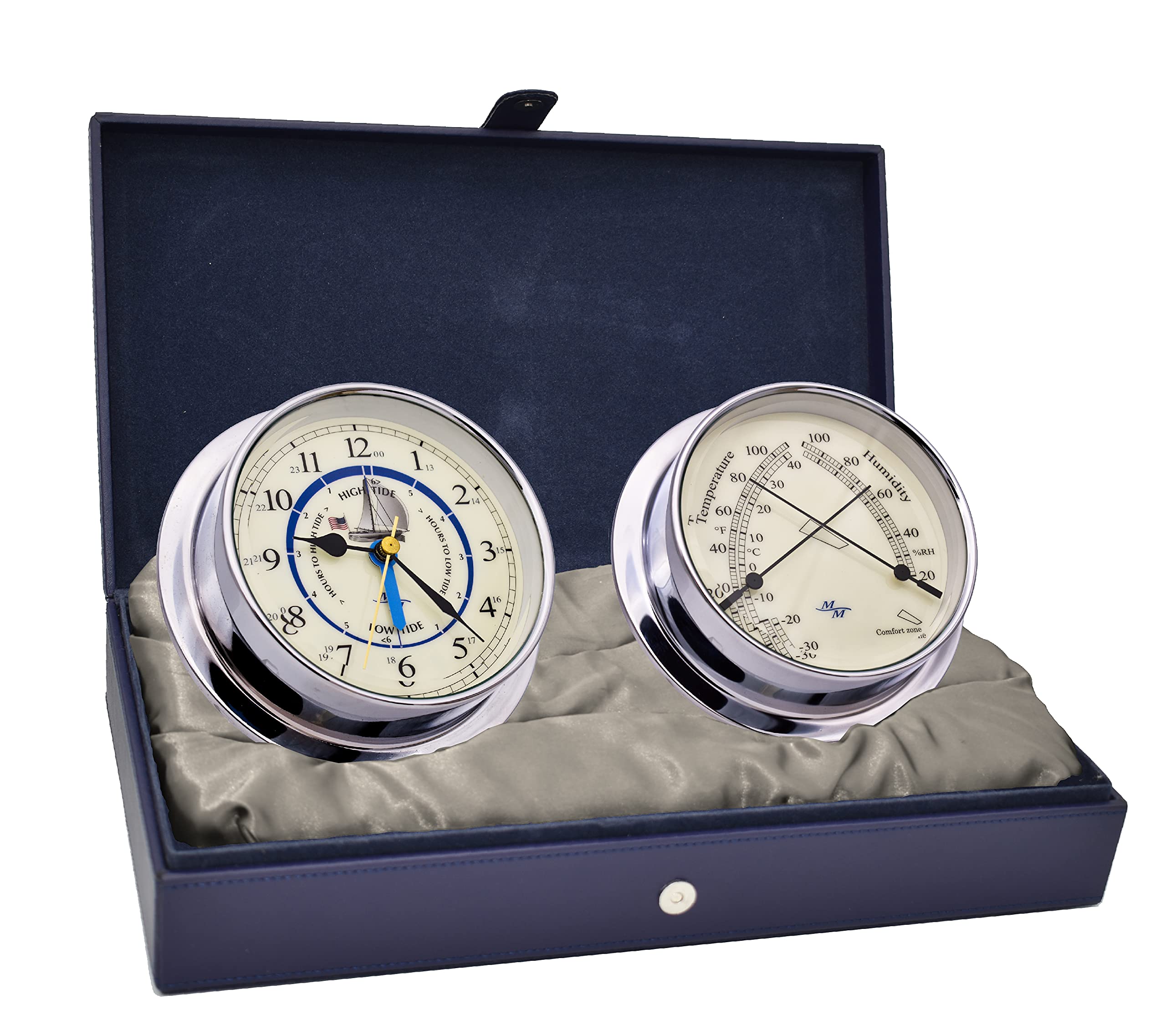 MASTER-MARINER Patriot Collection, Nautical Cabin Gift Set, 5.75" Diameter Time & Tide Clock and Comfort Meter Instruments, Chrome Finish, Ivory Patriot dial