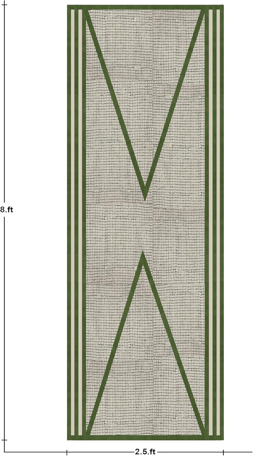 Hallway Runner 2.6x18 Stair Runner Thick 0.19" Handmade Boho Flatweave Rug Striped Design Green Black Hand Block Printed Cotton Easy Washable Floor Carpet Indoor Outdoor Rugs for Corridor Foyer