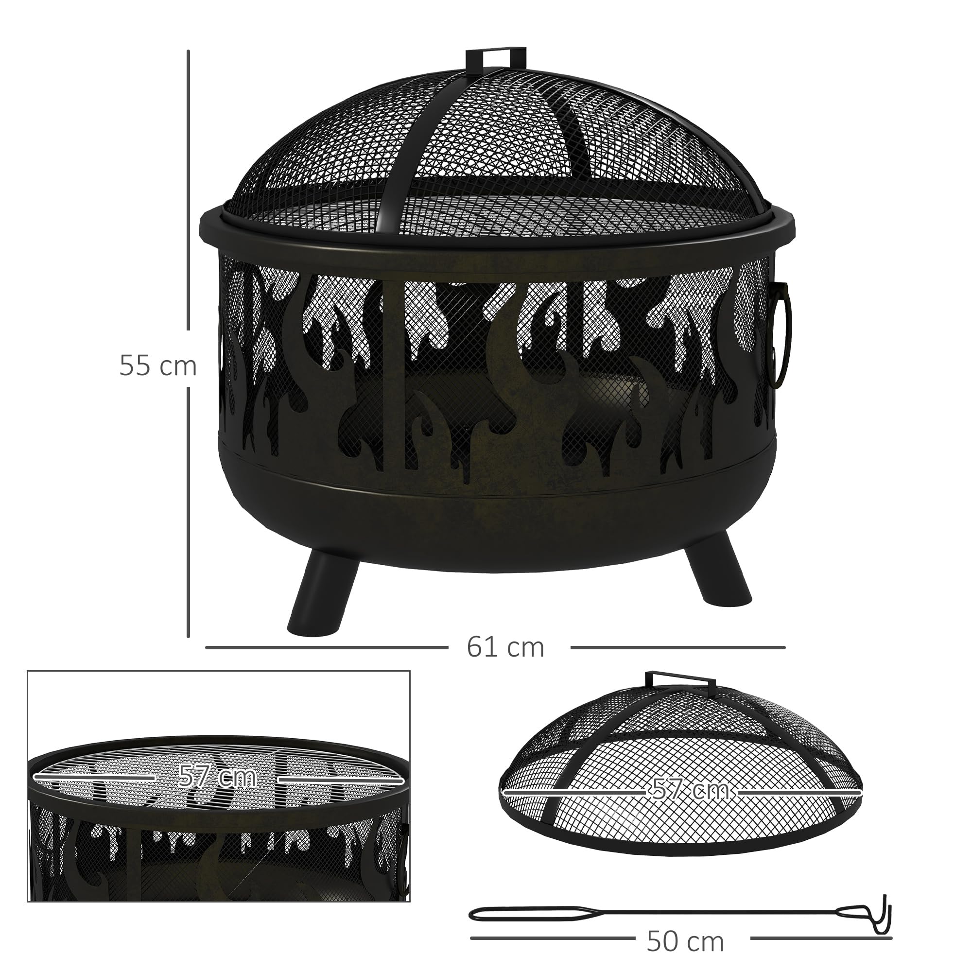 Outsunny Palenisko 2 w 1, koksownik z ochroną przed iskrami, ruszt do grillowania do ogrodu, BBQ, metalowy, czarny, Ø 61 x 55 cm