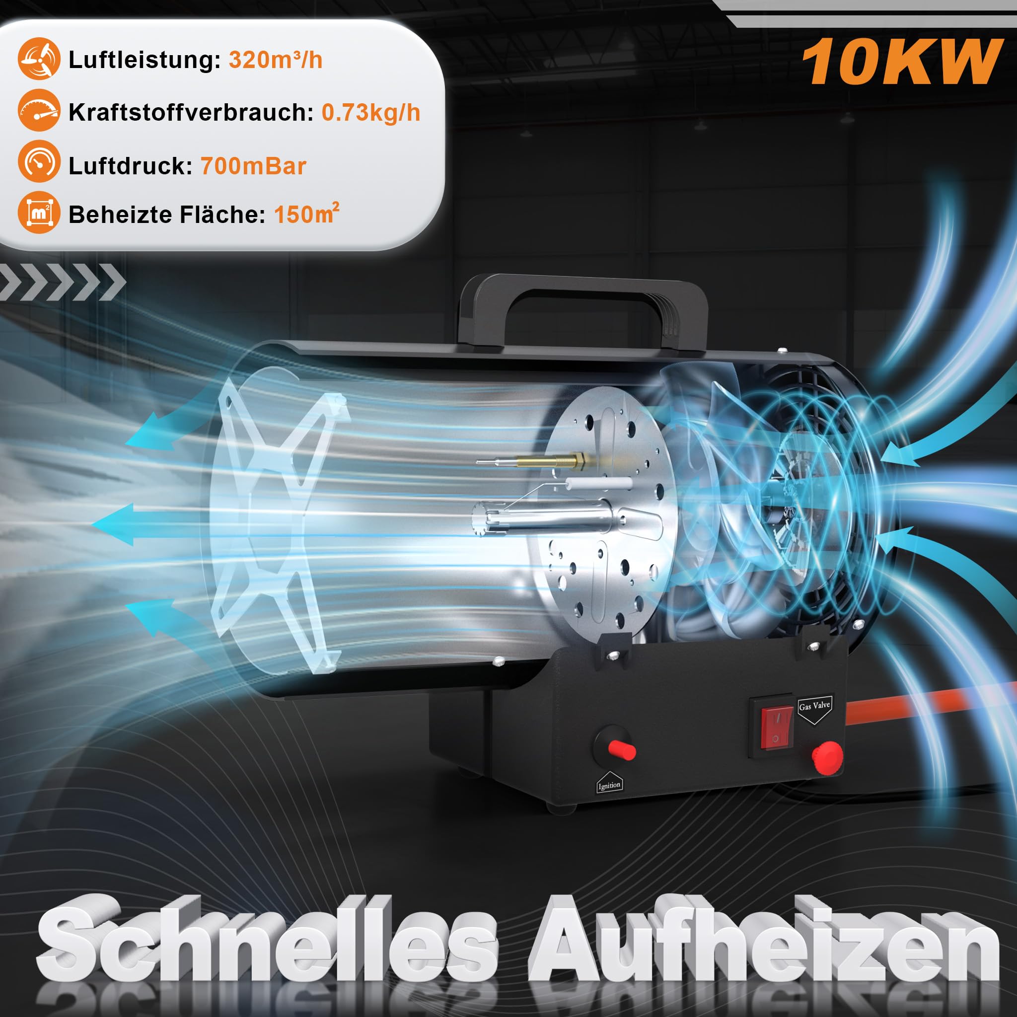 FIVMEN Gasheizgebläse 10KW Gasheizung für Innenräume Edelstahl Gasheizung Gasheizer inkl Verbindungschlauch und Gasdruckregler Heizkanone Heizgebläse Gas für Wirksame Fläche 150m²