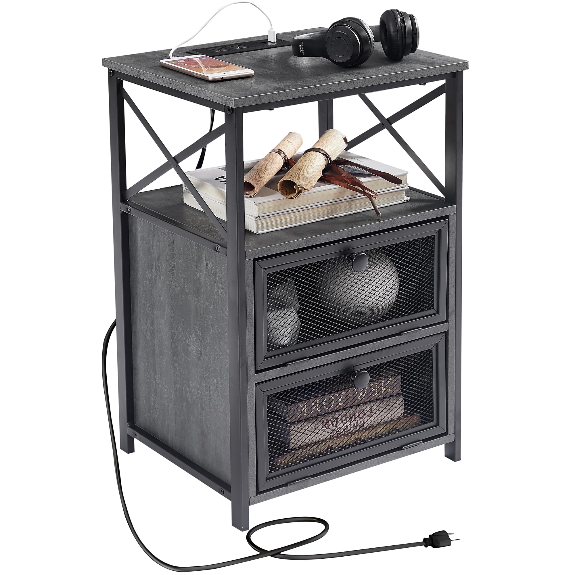 VECELO End Table with USB Ports and Outlets,24Inch Nightstands with Charging Station and Storage Shelf for Bedroom,Living Room,Charcoal Grey