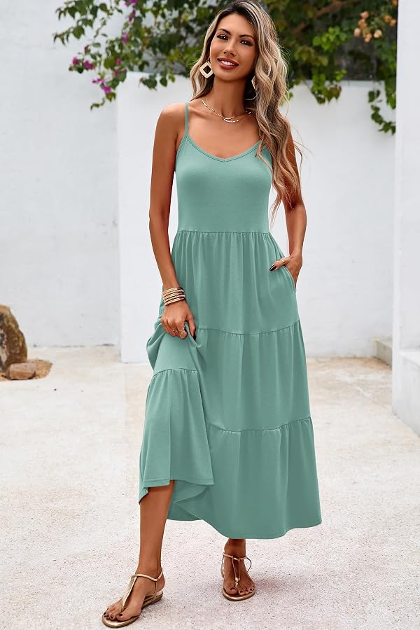 Halife Sun Dresses Women Summer Casual Sleeveless Maxi Dress for Crusie Vacation Flowy Long Beach Dress Trendy Olive Green L by Halife - Used condition - Image 2