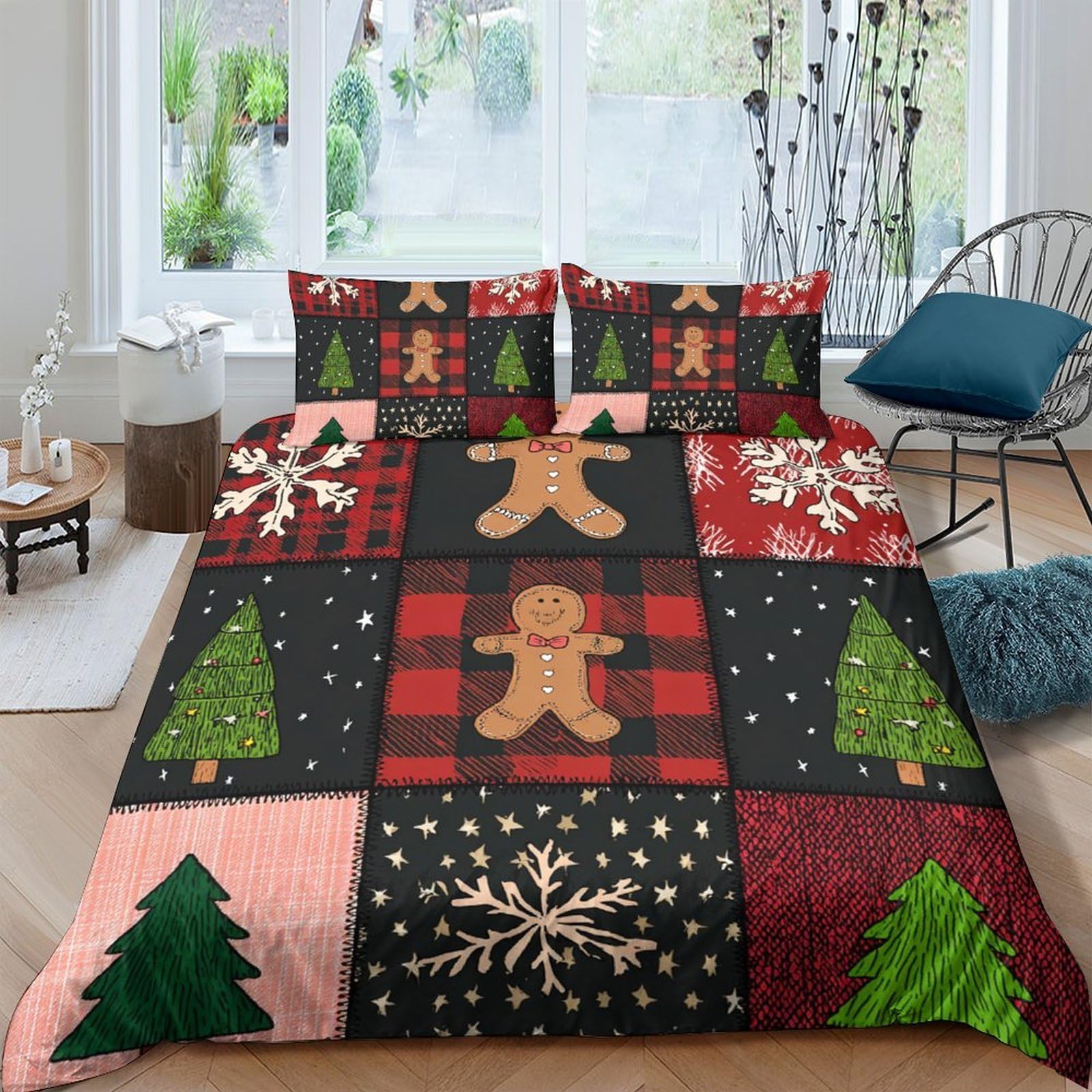 Ctjqhvkz Style-3 3D Printed Christmas Patchwork Fitted Sheet Microfiber Non Slip Gingerbread Tree Bed Cover For Bedroom Guest Room Single（135X200cm）