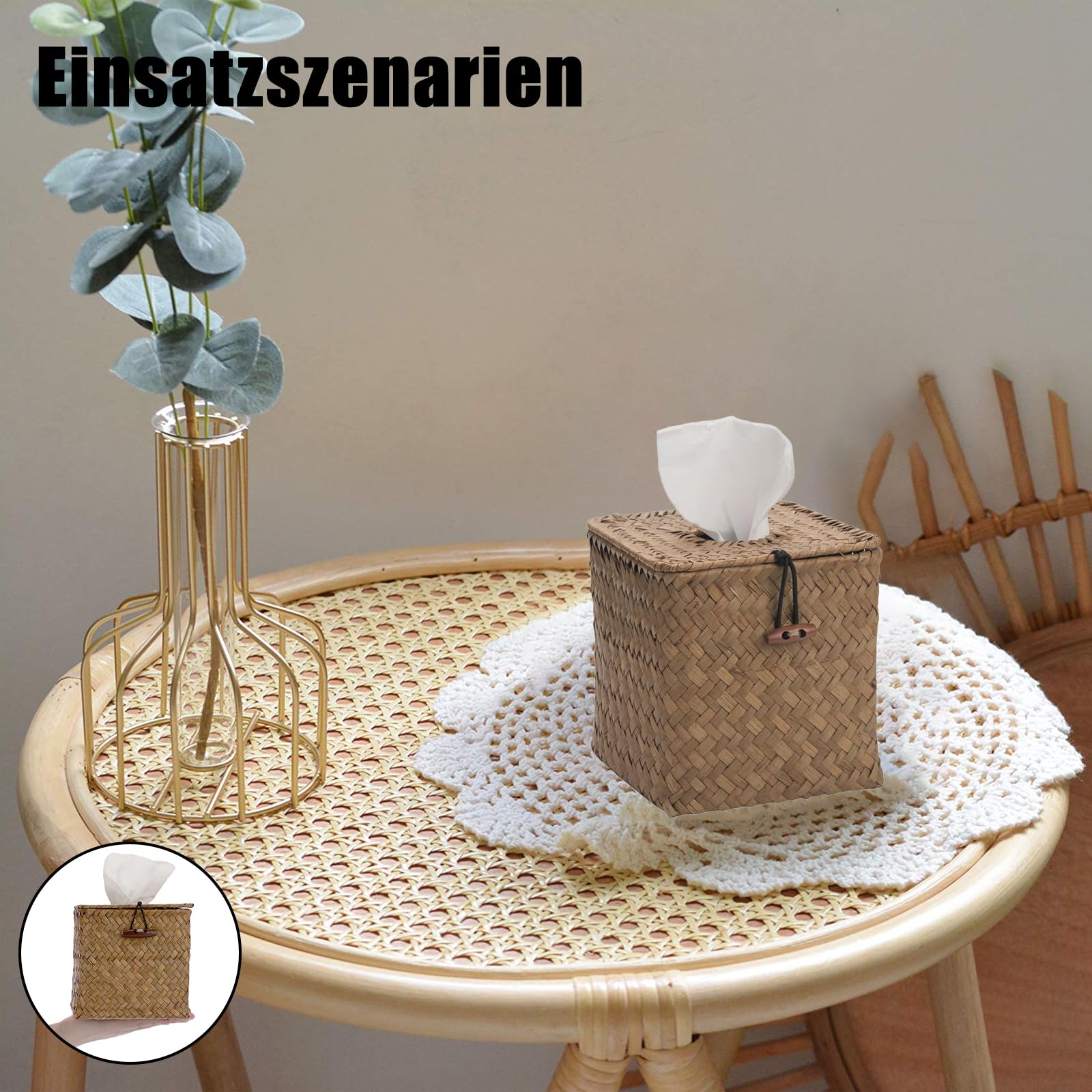 Taschentuchbox-Abdeckung Aus Seegras | Quadratisch | Handgewebt | Dekorativer Korb Mit Deckel | In Weiß