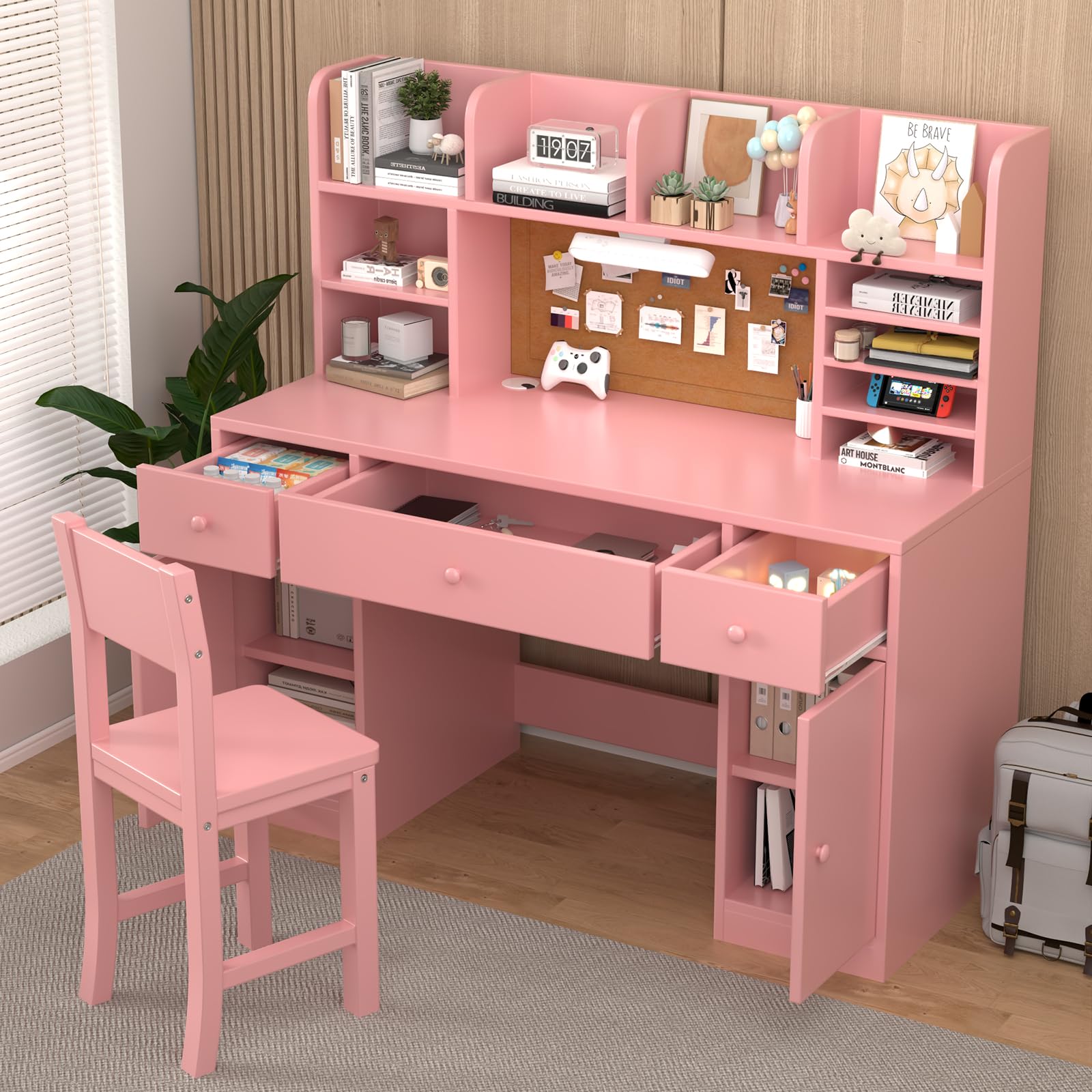 Pink Wooden Kids Study Desk and Chair Set, Childrens Desk with Light, 3 Drawers, 4 Storage Cabinets and 4 Storage Open Shelves, Boys & Girls Study Desk for Bedroom and Kidsroom