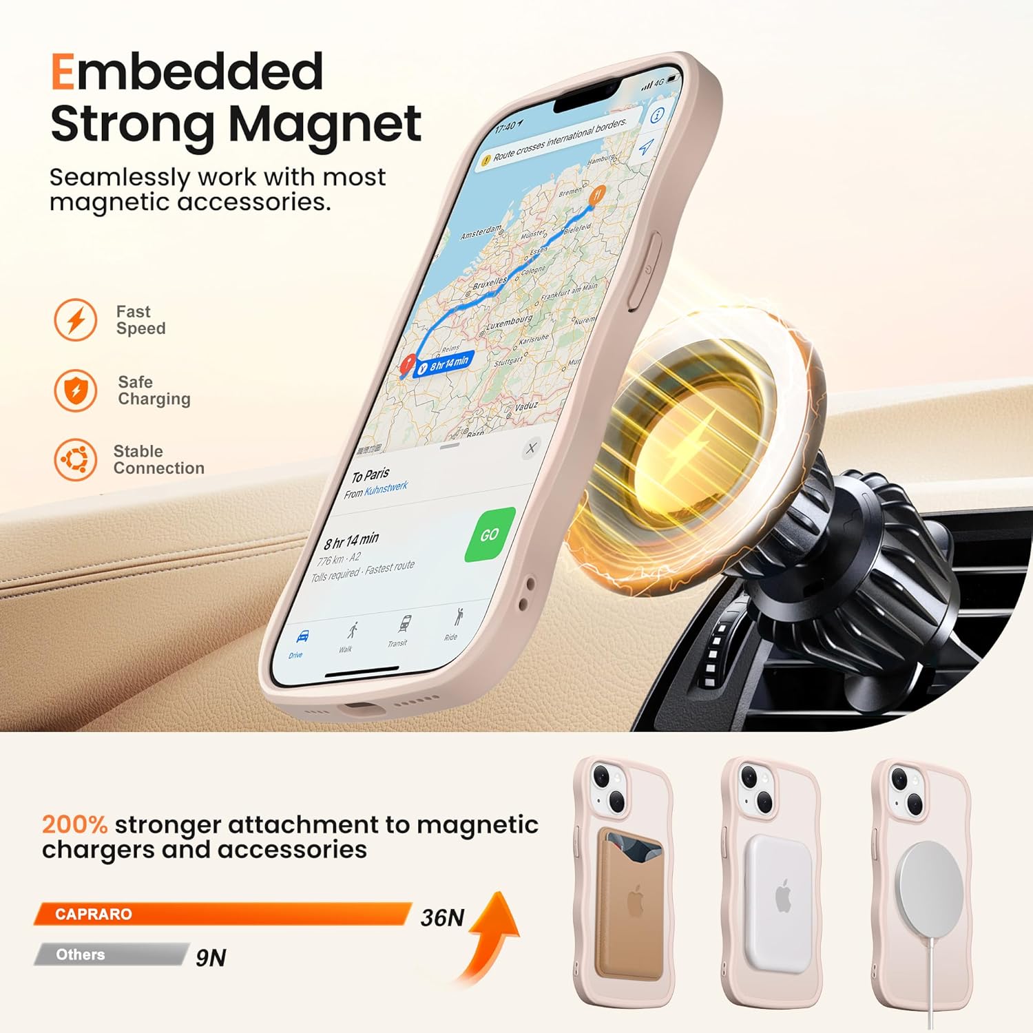 CAPRARO for iPhone 13 Case & iPhone 14 Case with 360° Spin Magnetic Stand for Women, [Compatible with MagSafe] [Camera Protection] Cute Wave Translucent Matte Case for iPhone 13/14, Rose Gold - Image 3