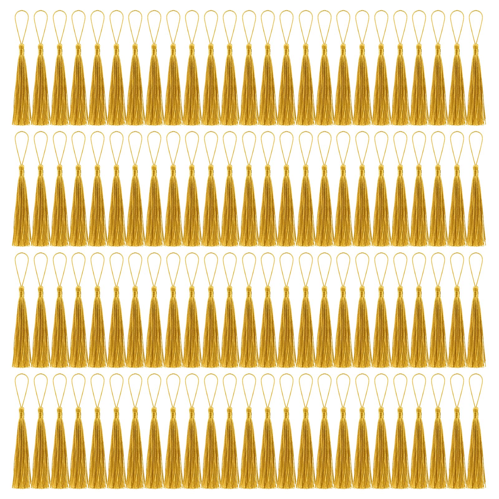 BOUBONI 100 Pcs Bookmark Tassels Bulk Gold Soft Craft Silky Handmade Mini Tassels for Jewelry Making with Loops for DIY Craft Accessory Dress Decoration