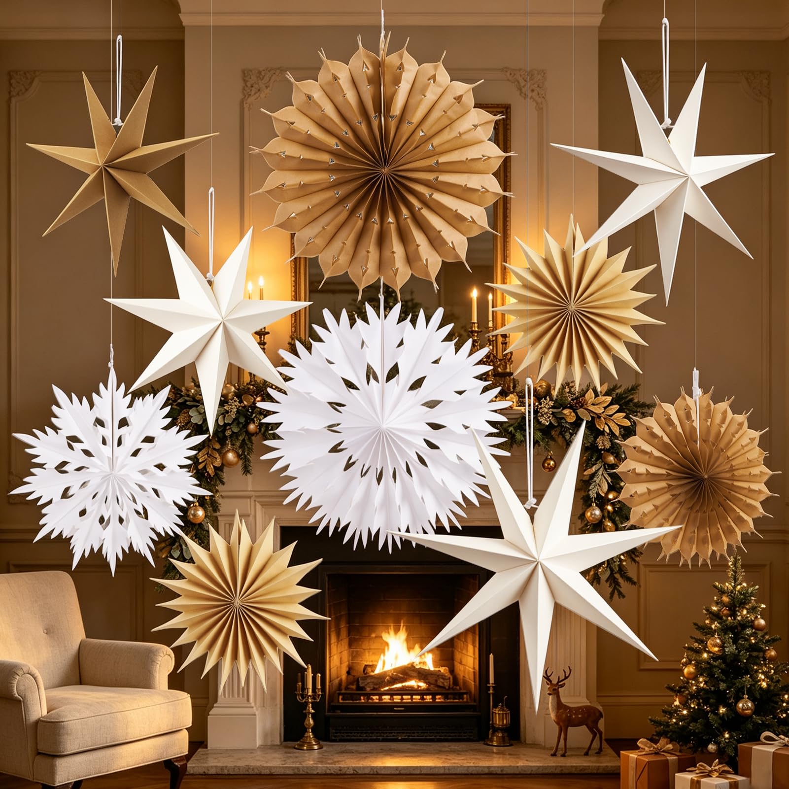 EASY JOY Hanging Paper Star and Snowflake Decorations, White and Brown — image 1