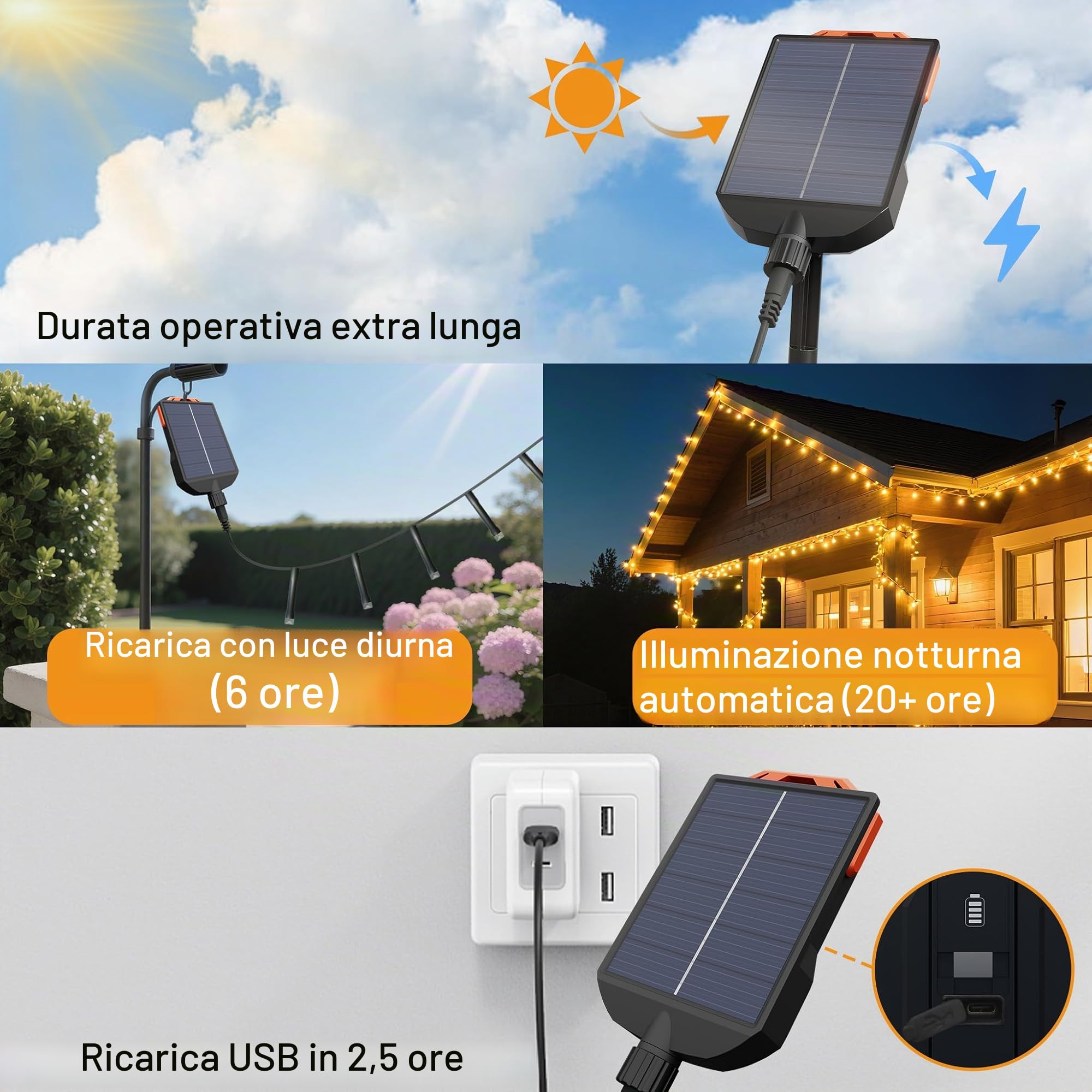 Catena luminosa a energia solare, 30 m, 300 LED, luce bianca calda, 8 modalità, con telecomando, impermeabile IP44, decorazione per interni ed esterni, per Halloween, Natale, matrimonio