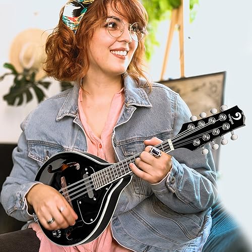Vista 2 de Vangoa Instrumento de Mandolina de Caoba Eléctrico Acústico Estilo A, Mandolina Musical para Principiantes, Adultos, Adolescentes, Niños, Negro