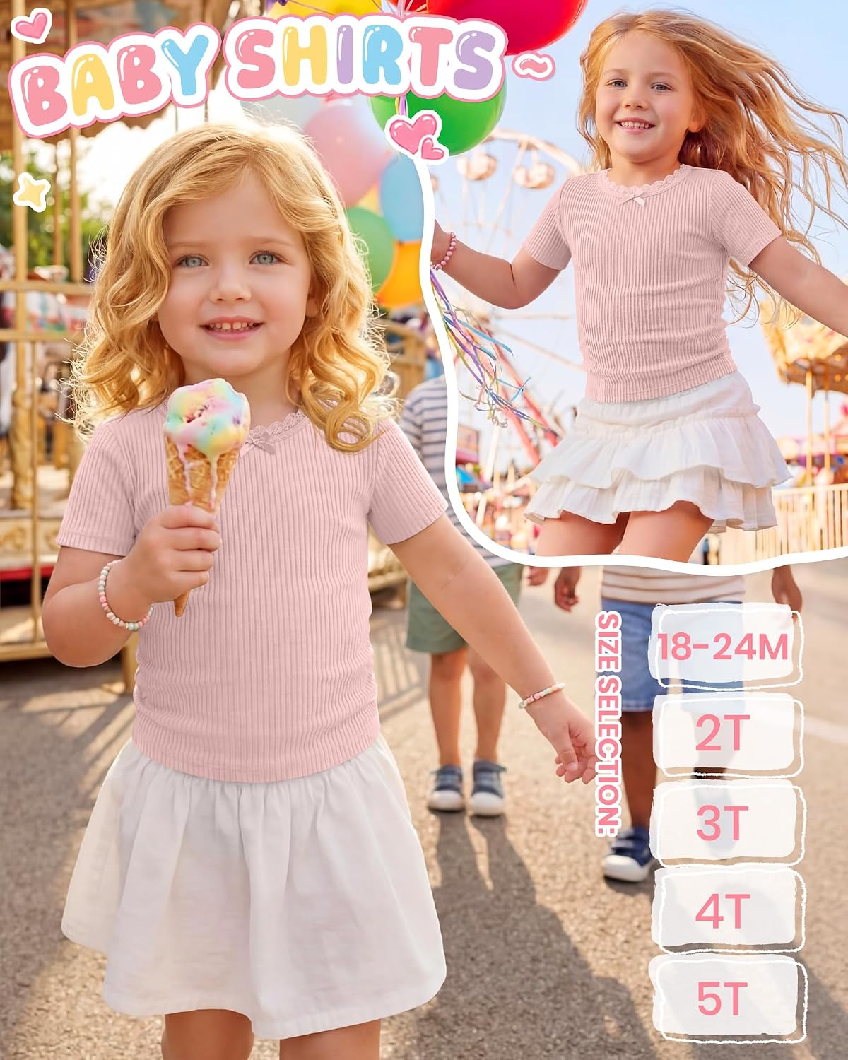 Toddler Girl T-Shirts Cotton Ribbed Short Sleeve with Lace Trim Bow Crewneck Top Baby Summer Tees 18M-5T