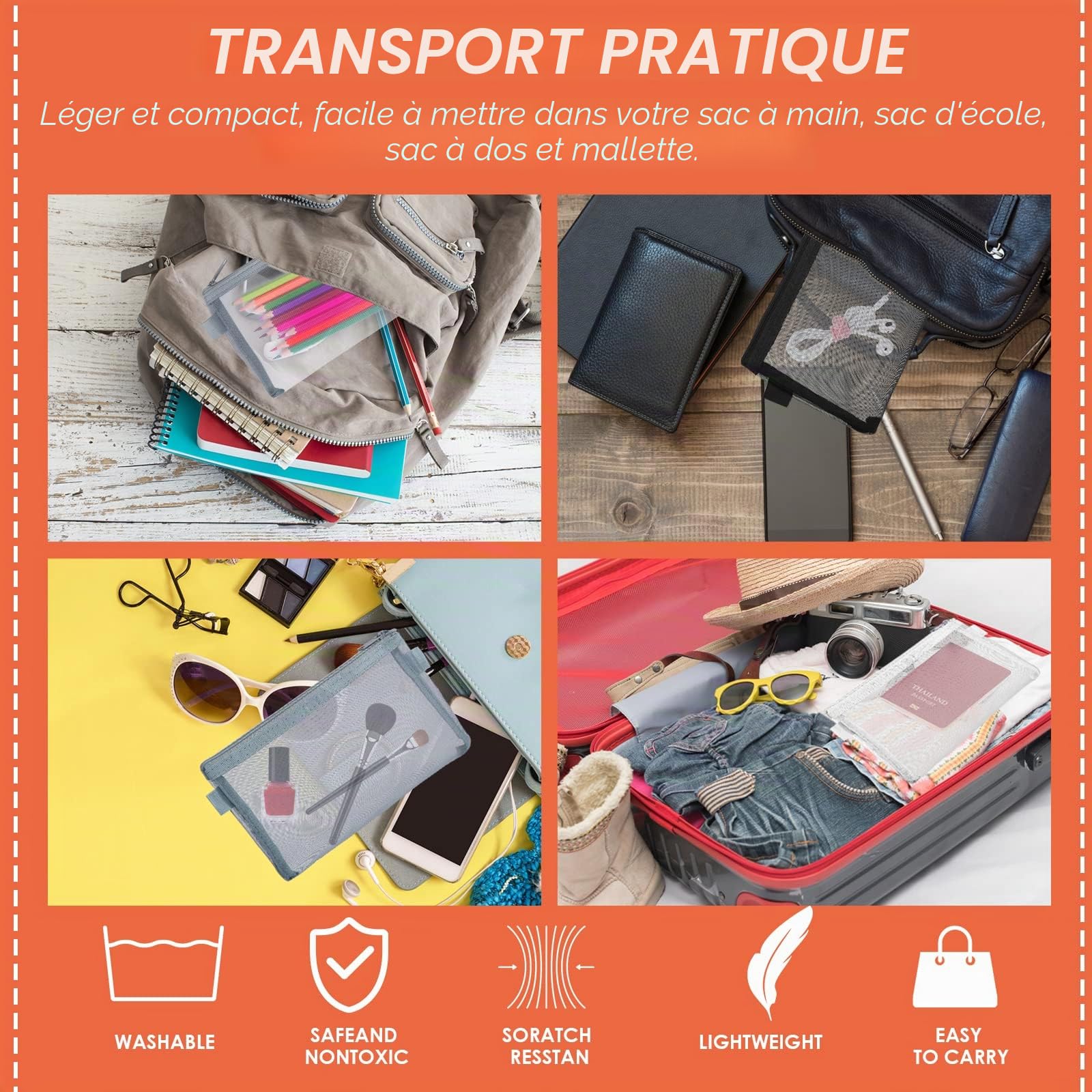 Trousse à Crayons Transparente Lot de 3 Nylon Pochette Zippée Maquillage Fournitures Scolaires Bureau Noir Blanc Gris