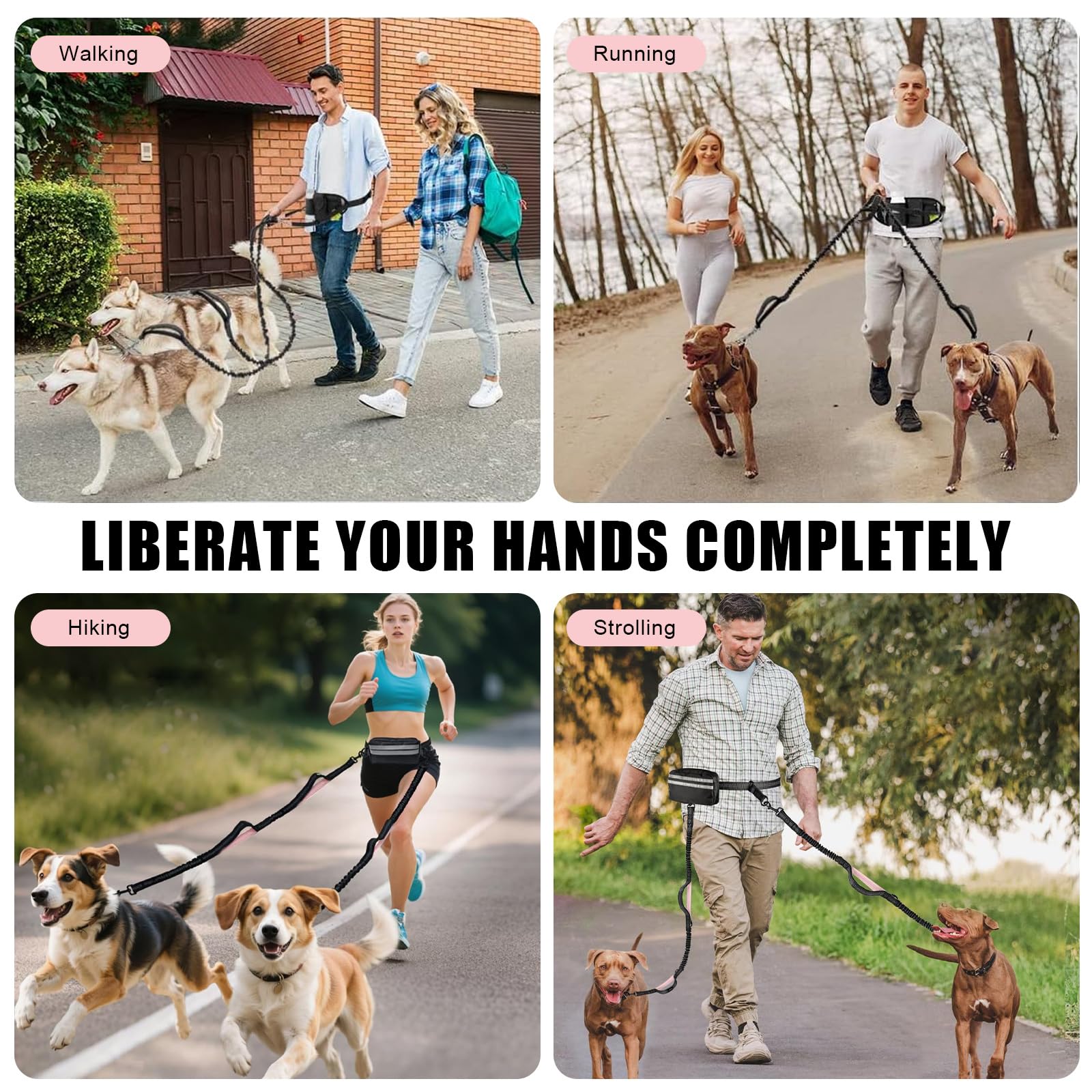 Risipu Guinzaglio per 2 cani a mani libere, cintura regolabile in vita con custodia e supporto per la vita, cuciture elastiche riflettenti per corsa, passeggiate, jogging (rosa)