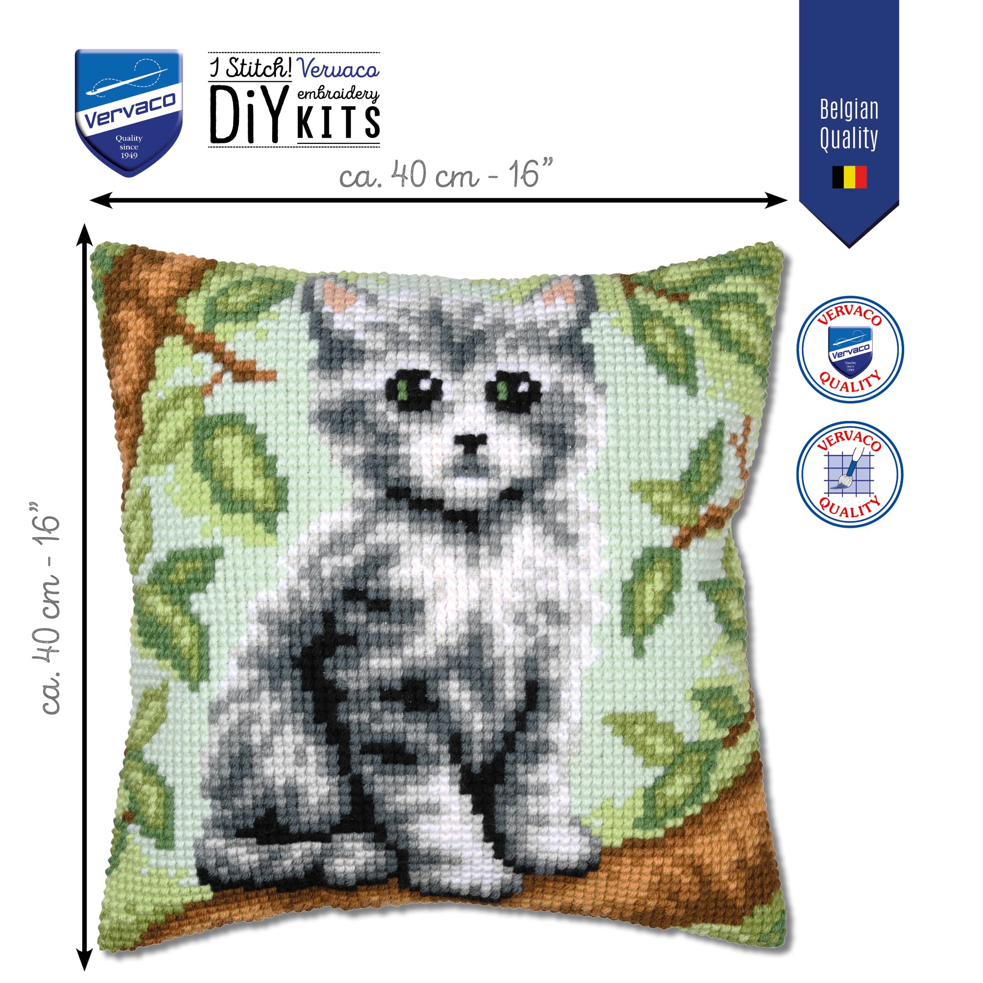 VERVACO Zestaw do Haftu Krzyżykowego Poduszka KOTEK Kanwa z Nadrukiem 40 x 40 cm Gruba Włóczka Akrylowa Zrób to Sam Dekoracja Domu DIY Cross Stitch Kit