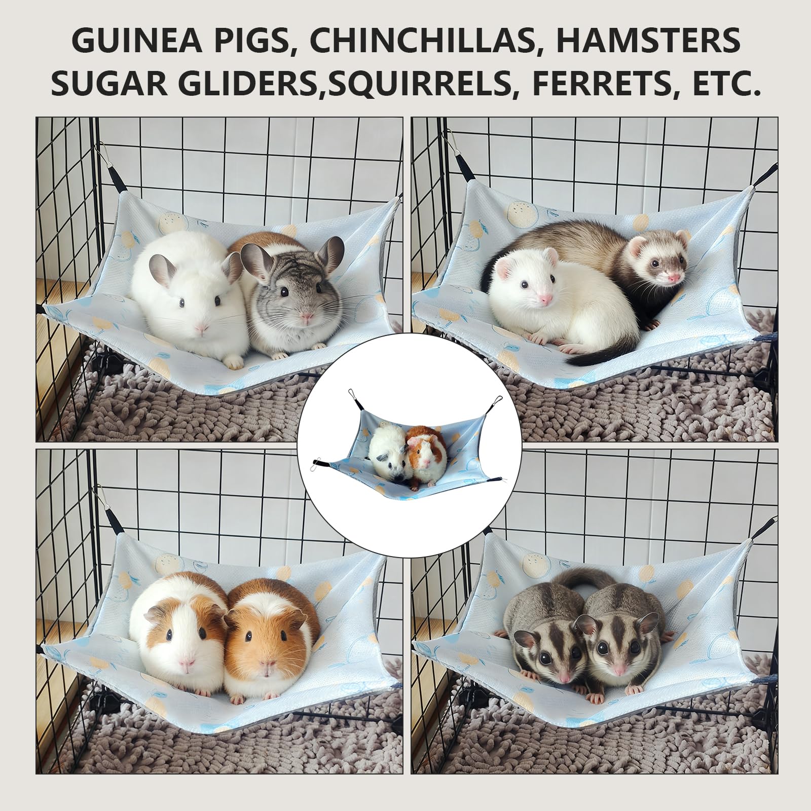 Hamac Cochon d'Inde Soie Glacée 28 x 28Cm Hamac Rongeur Ajustable Cage Furet Cabane Fraise Cochon d'Inde Lit Lapin Design Double Face Balançoire pour Lapin Hamster Chinchilla