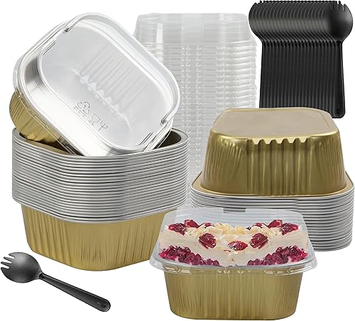 30 moldes cuadrados para cupcakes con tapas, mini moldes cuadrados de 10 onzas con tapas, mini moldes de aluminio con tapas, moldes desechables de