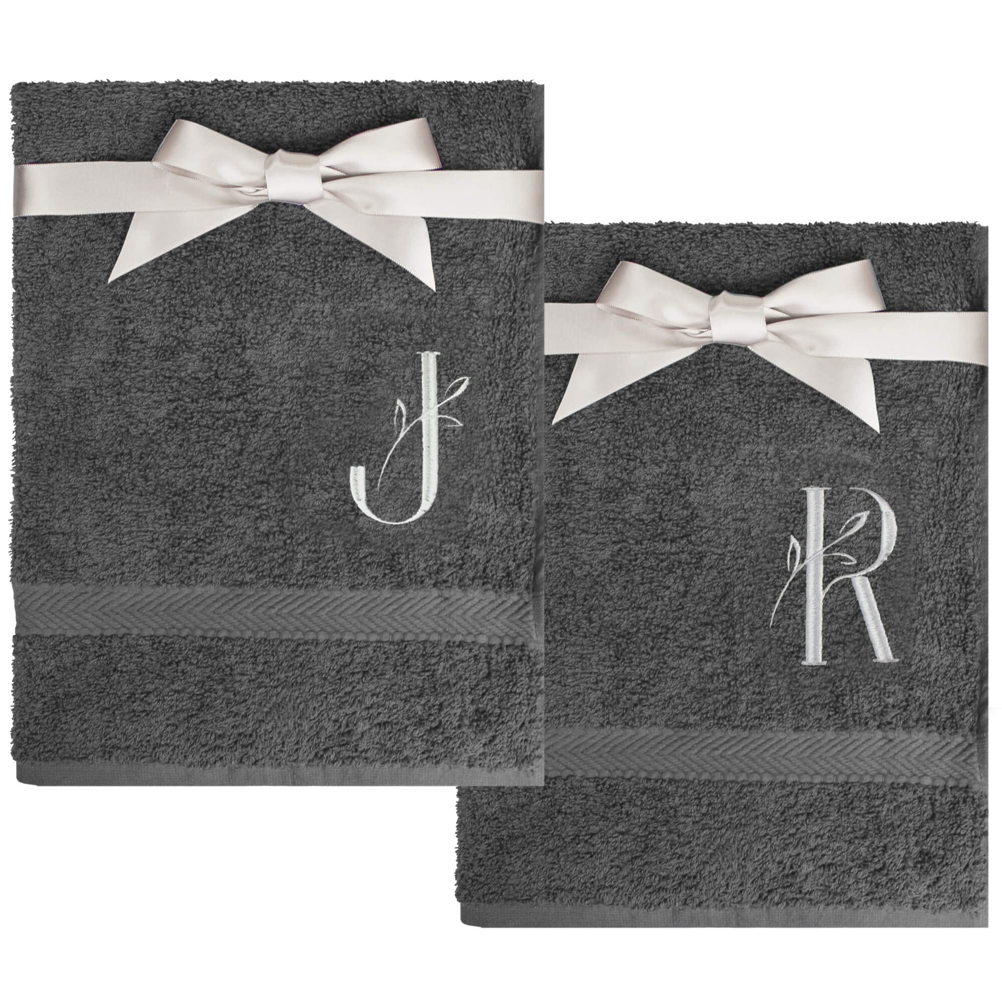 Teddyt's Charcoal Grey Personalised Silver Leaf Embroidered Initial Hand Towel Wedding Gift Set (, Classic)