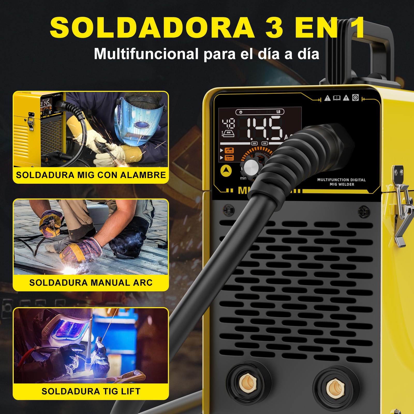 Haxiaoer 145A Soldador de Hilo Continuo Sin Gas 3 en 1 Máquina de Soldar MIG con ARC/Flux MIG/Lift TIG, Pantalla LED Digital Inteligente, Soldador Inversor Compacto