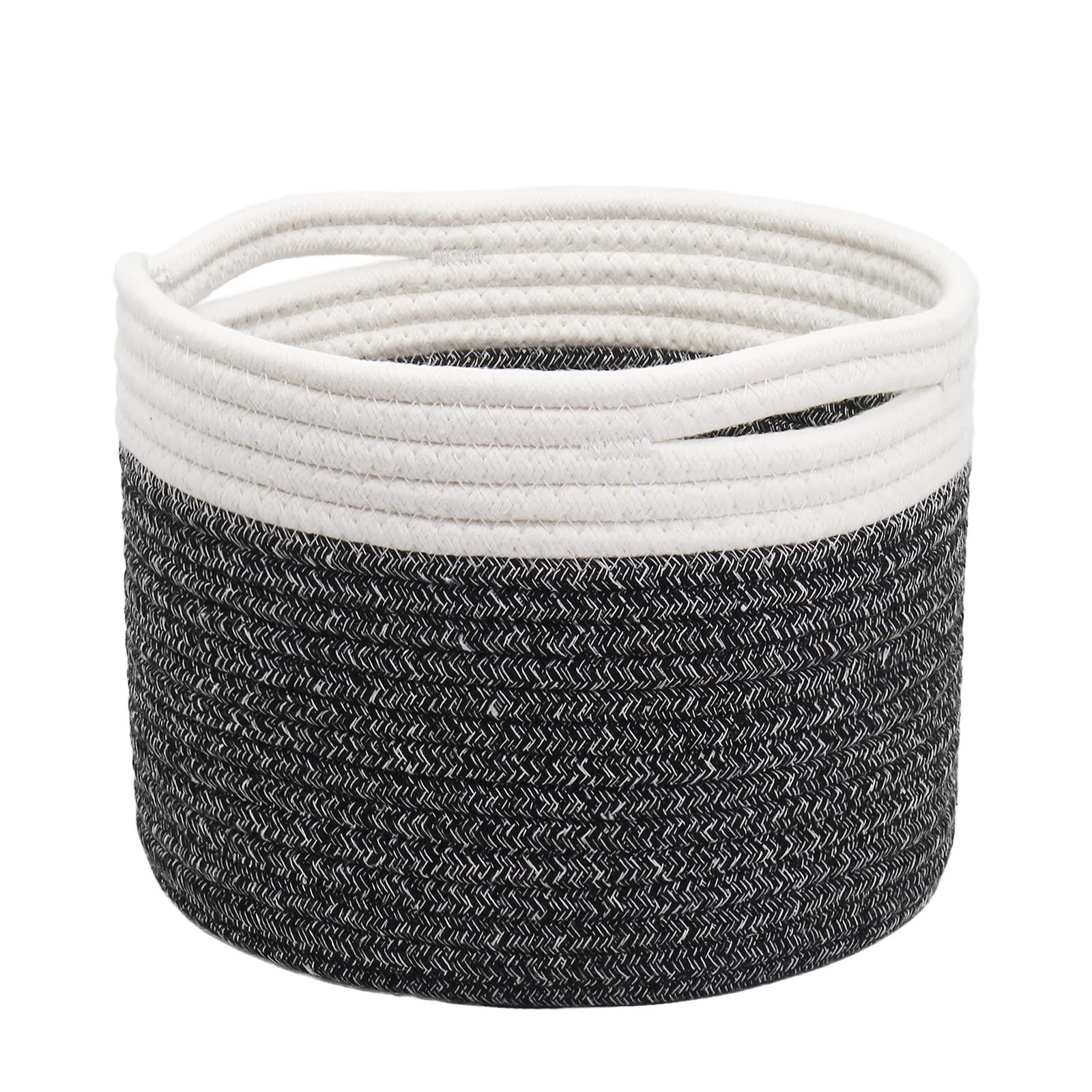 Small Rope Basket small Round Woven Basket With Handle 9.5x9.5x7.1 in Cute Cotton Basket Nursery Shelf Small Storage Basket Stitching Black Beige Mixed Design Style 8.2L