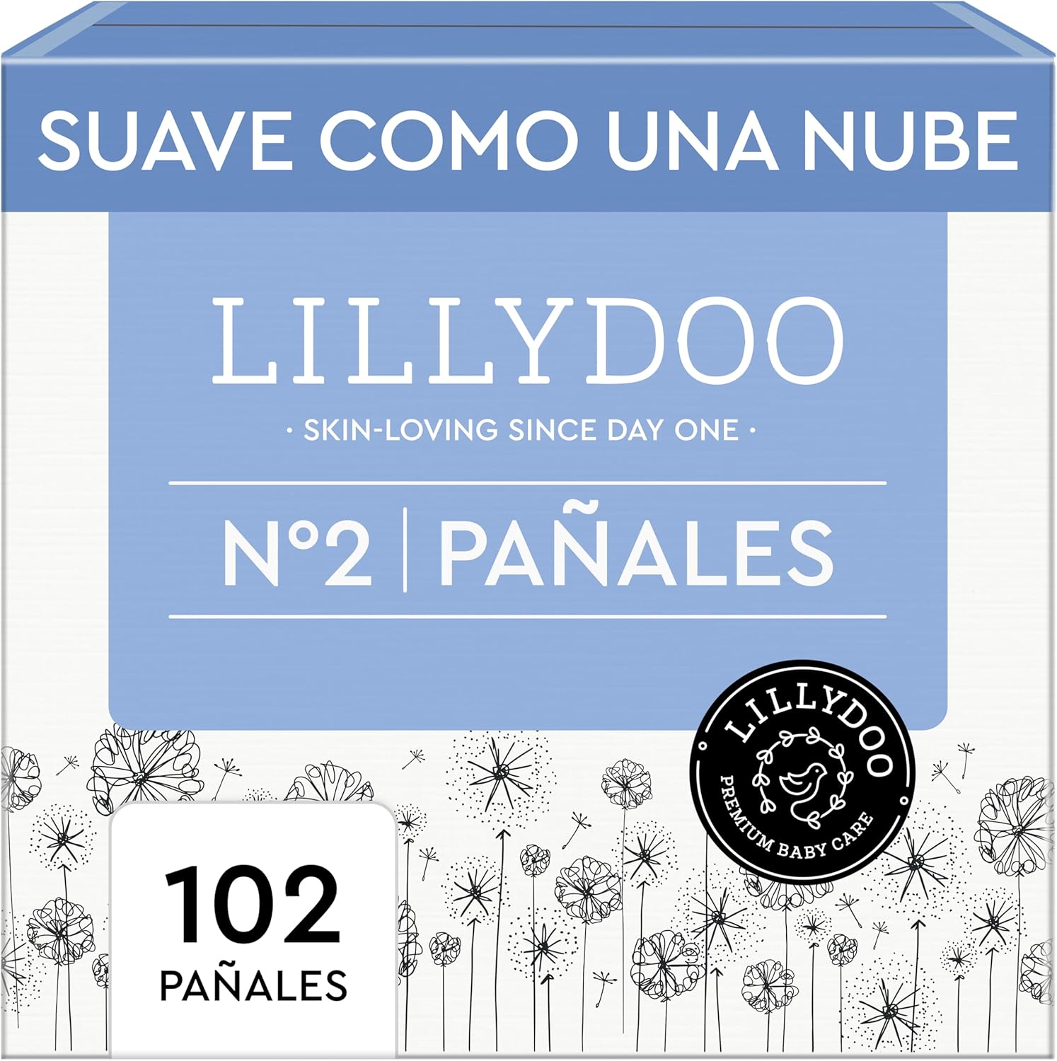 Pañales LILLYDOO delicados con la piel - talla 2 (4+ kg), caja de medio mes (102 unidades), protección contra fugas, suaves, sin perfumes ni lociones y dermatológicamente probados