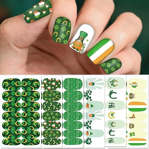 TailaiMei 12 hojas de envolturas de uñas del día de San Patricio, calcomanías adhesivas Luck of the Irish para arte de uñas, tiras completas con 2