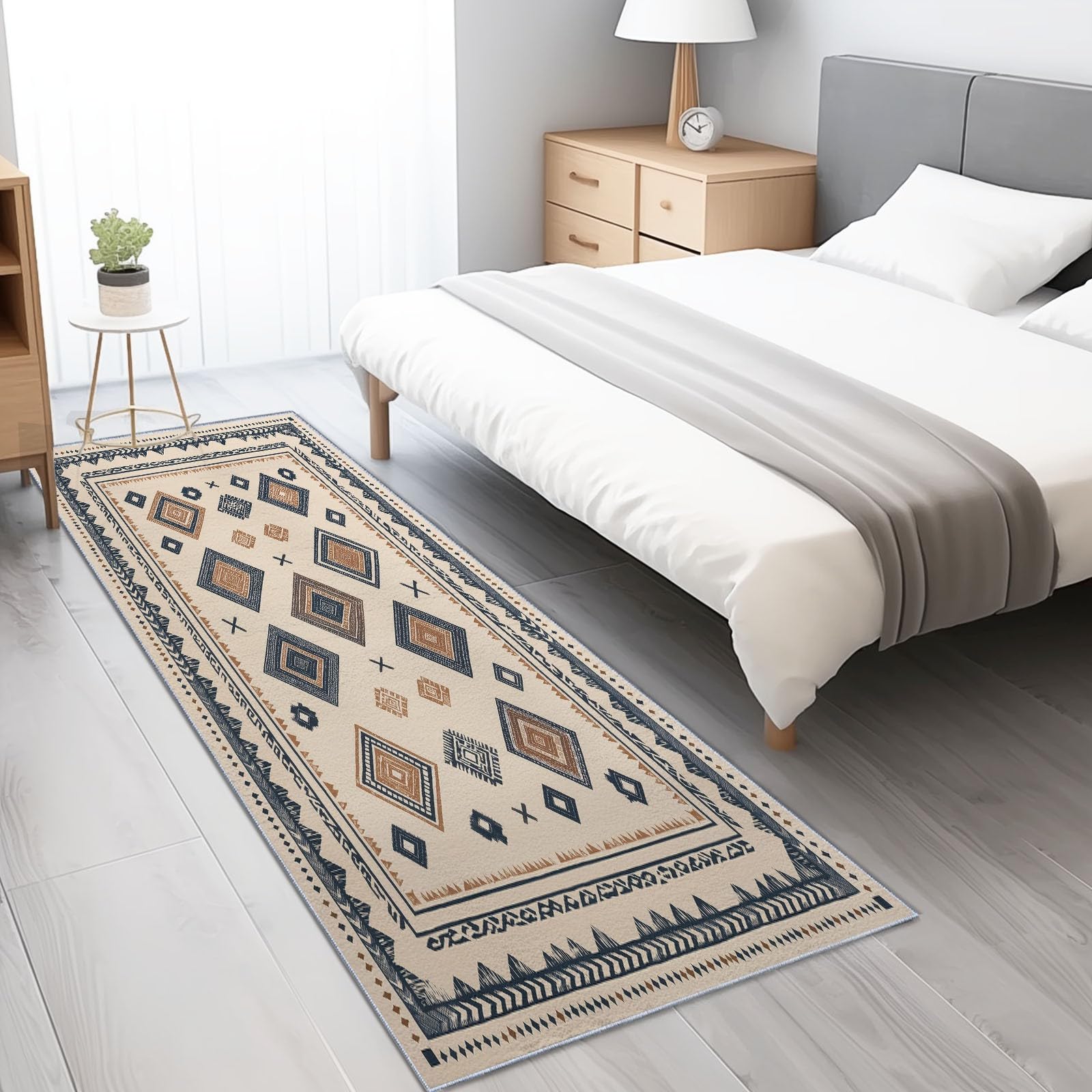 Tapis Couloir Long 80 x 240 cm Antidérapant, Bohémien Ethnique Totem Géométrique Losange Tapis de Passage Lavable en Machine pour Cuisine, Chambre, Balcon, Doux Poil Ras Descente de Lit Decor, Beige