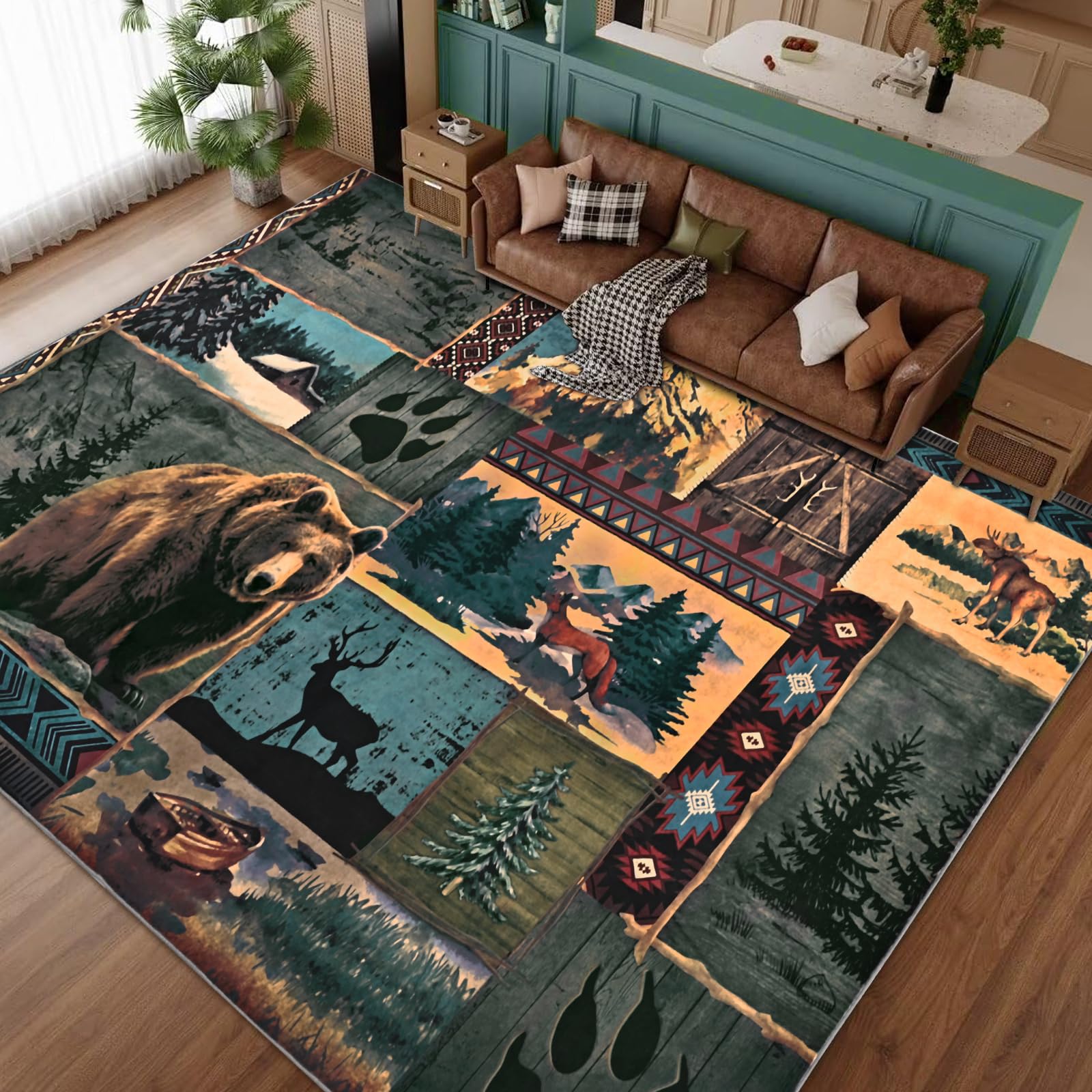 ASPMIZ 9x12 Area Rug Rustic Living Room Rugs Low Pile Southwestern Washable Rug Non Slip Soft Faux Wool