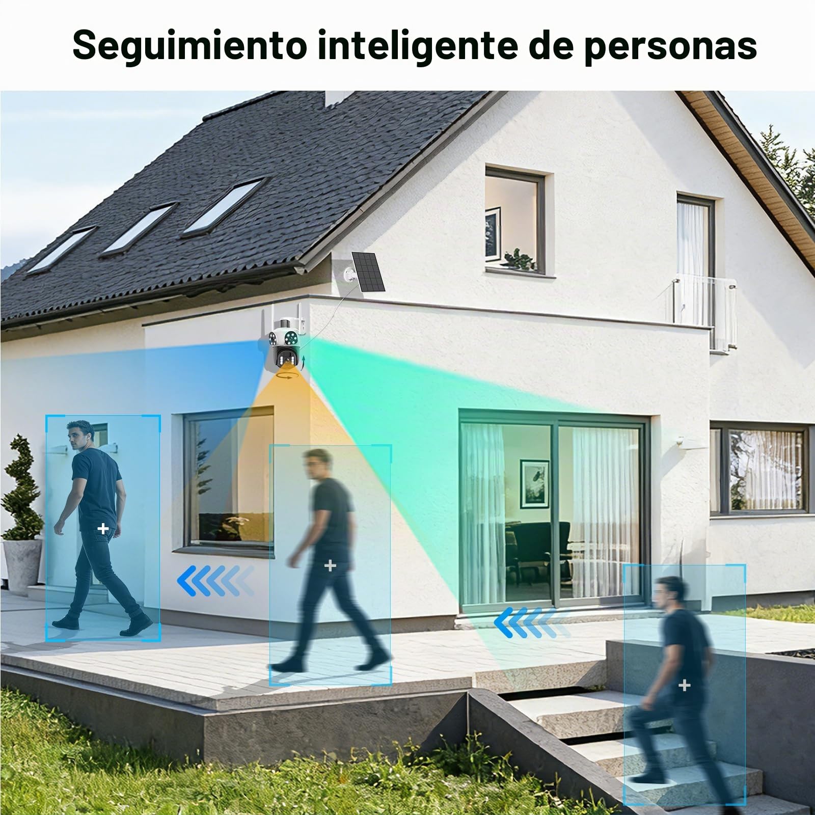 4K Triple Lente Camara Vigilancia WiFi Exterior con Panel Solar, 360°PTZ,Detección Humana PIR,Visión Nocturna en Color, Audio Bidireccional, Seguimiento Automático,Sirena,IP66,2.4G/5GHz,IP66