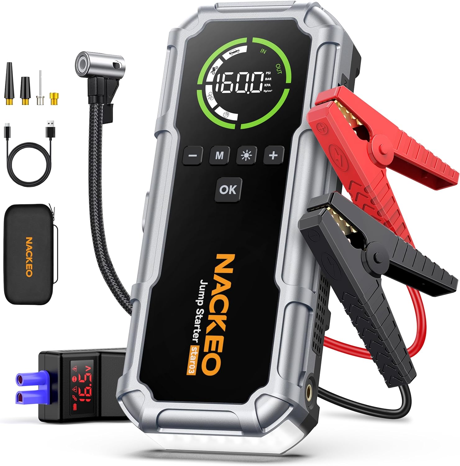 Car Battery Jump Starter with Air Compressor 8000A 160PSI, Car Jumper Starter Portable (All Gas/10L Diesel), Jump Starter Jump Box with Jumper Cables, LED Light, Large LCD Display, Power Bank