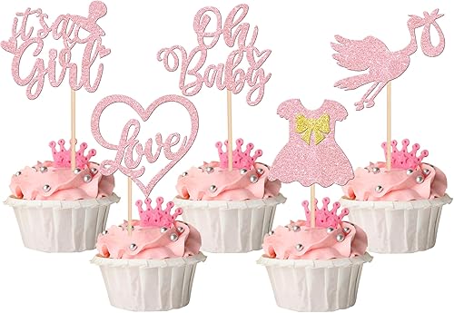 30 adornos para cupcakes Oh Baby Glitter It's a Girl Cupcake Picks Bow Dress Love Heart Baby Shower Cake Decoraciones para revelación de género Baby