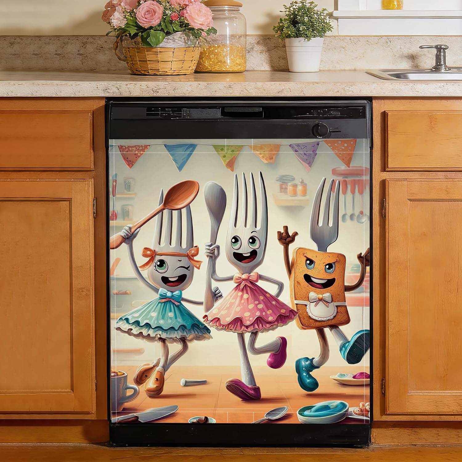 Dancing Dinnerware Magnetic Dishwasher Cover for Kitchen Decor, Reusable Appliance Front Panel, Refrigerator Magnet Cover, 23 x 26 in