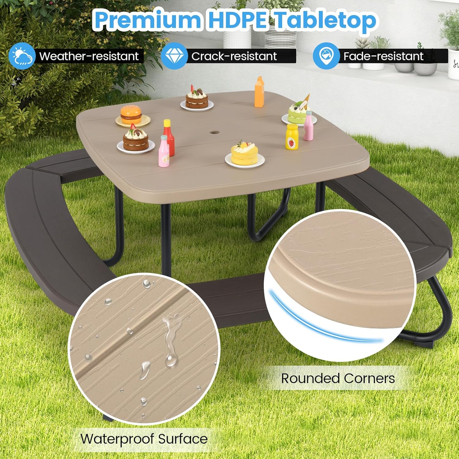 Costzon Kids Picnic Table, 8 Person Kids Outdoor Table and Chairs with Foldable & Adjustable Umbrella, 4 Built-in Benches, Toddler Outdoor Furniture for Backyard, Patio, Garden (Brown)