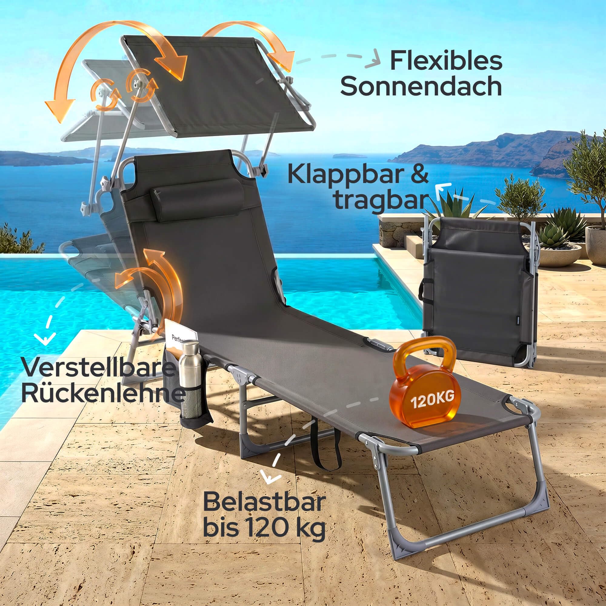 Arebos Sonnenliege 2er Set & Liegestuhl klappbar mit Sonnendach | 2 Gartenliegen & Campingliegen | Kopfkissen & Seitentasche | 4-Fach verstellbar | Relaxliegen faltbar | bis 120 kg | Anthrazit