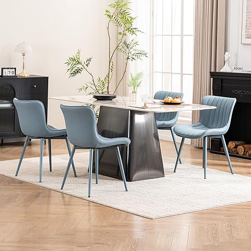 Miniatura 3 de YOUNUOKE Mid-Century - Juego de 2 sillas de comedor modernas tapizadas de piel sintética azul con patas de metal azul, silla decorativa sin brazos