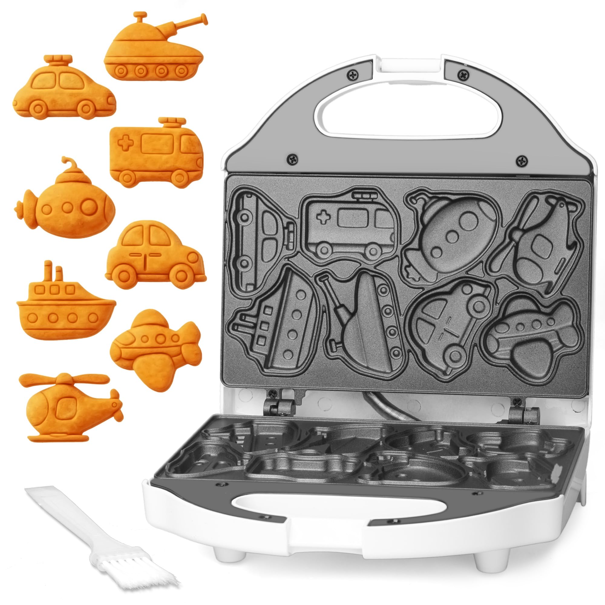Car Waffle Maker for Kids, Halloween & Christmas Mini Waffle Maker, 8 Fun Vehicle Shaped Mini Pancake Maker, Non Stick Surface, Excellent Gift, White