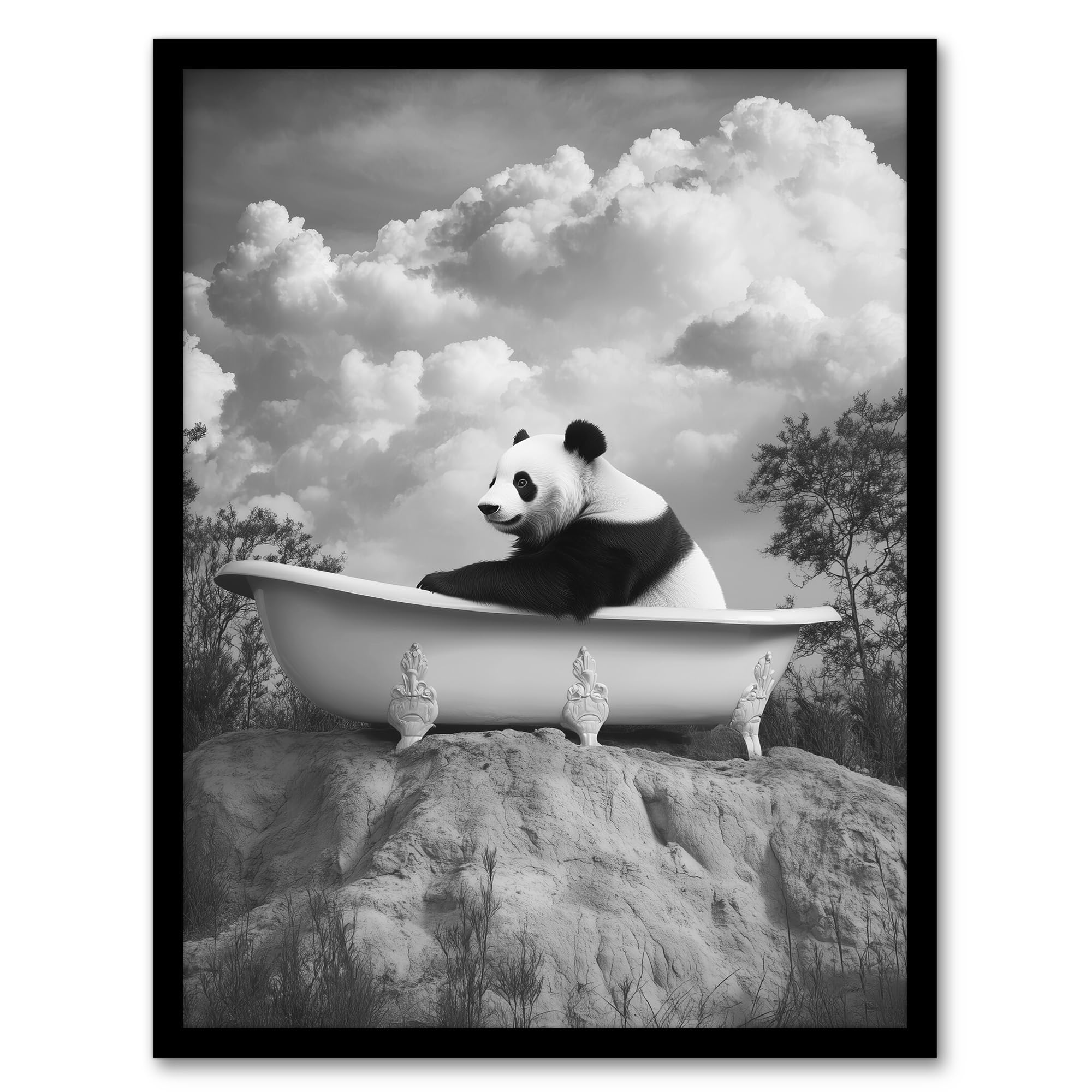 Panda Bear in Bathtub Framed Art Print - Surreal - Black & White - Artery8 - A4 Size