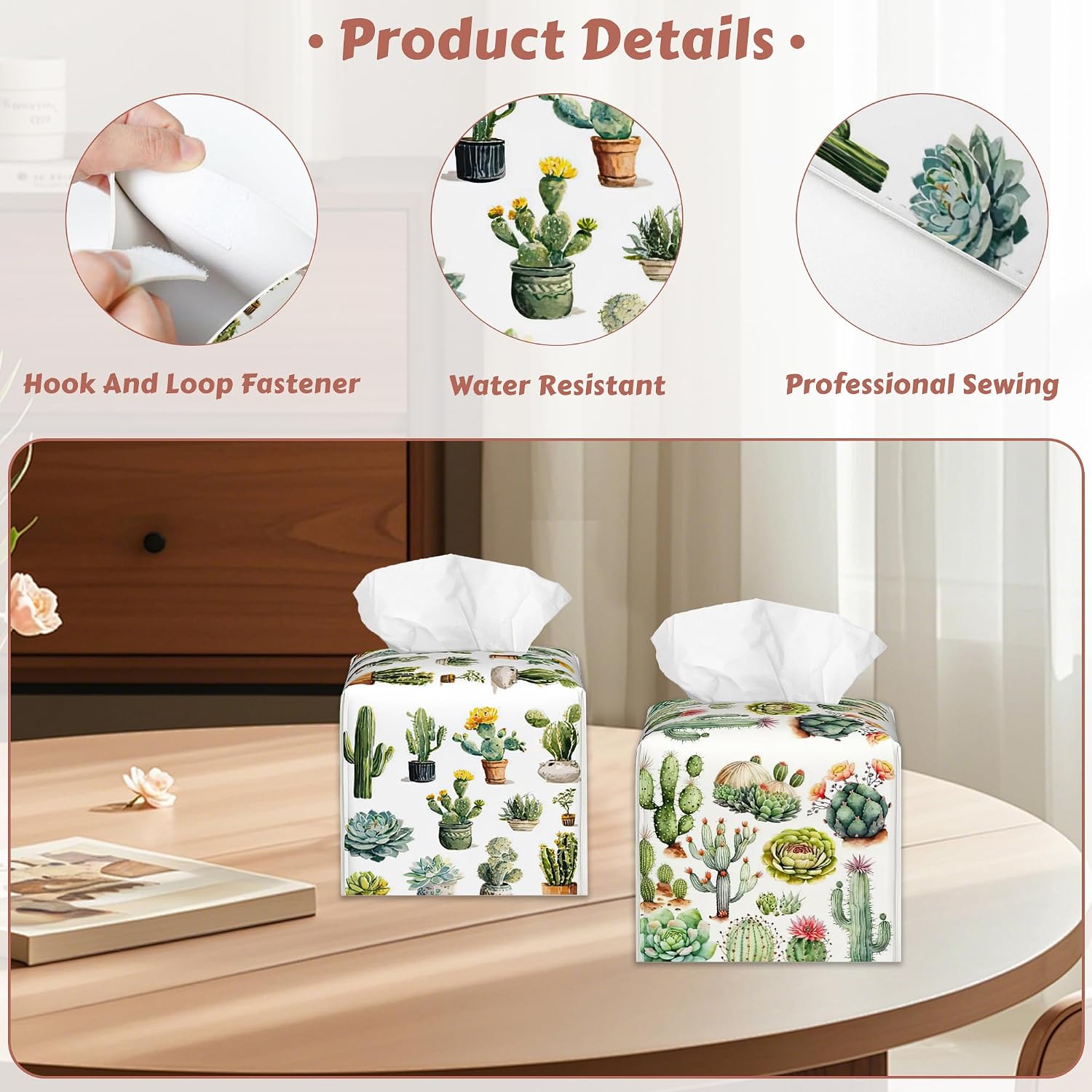 Groovy Cactus Tissue Box Holder, Leather Tissue Box Cover Square, Paper Facial Decorative Tissues Cover for Bathroom Home Car Nightstand Vanity Desk, 2 Pcs