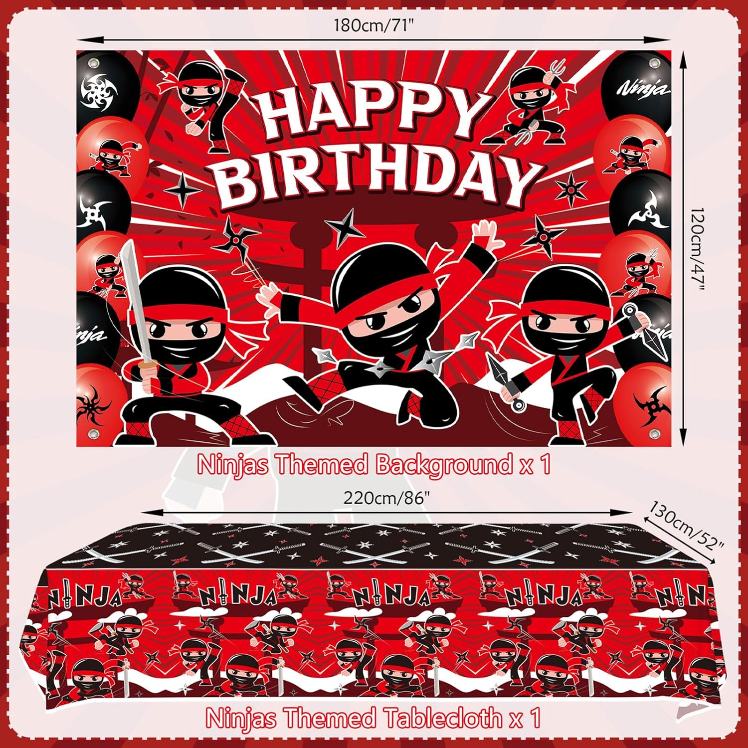 Ninja Birthday Party Decoration, Ninja Happy Birthday Backdrop, Tableware, Tablecloth and Balloons, Karate Party Ninja Warrior Master Party Supplies for Boys Girls Baby Shower, Serves 20