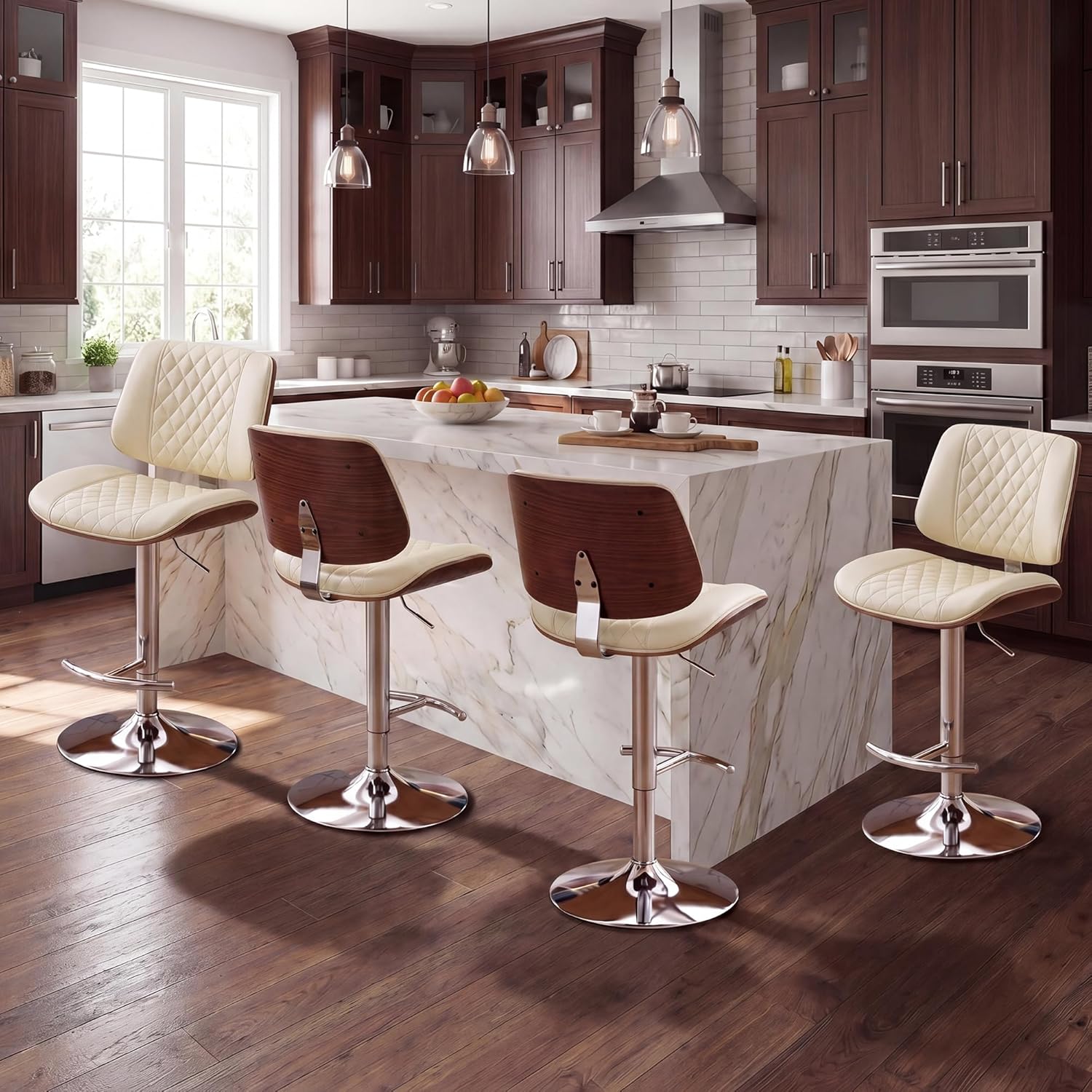 24" Bar Stools, Adjustable Swivel Counter Height Barstools with Bentwood Backs & Footrest, PU Leather Upholstered Bar Chairs for Kitchen Island, Dining Room, Cafe (PU Beige, Set of 4)