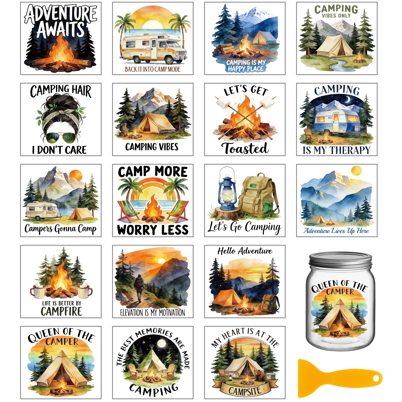 GLOBLELAND 18 Sheets Camping Rub on Transfer 3.9x3.6 inch Colorful Scenery Vase Home Decals Sunset Mountain Cup Transfer Stickers for Furniture Vase Glass Art Crafts Decorations