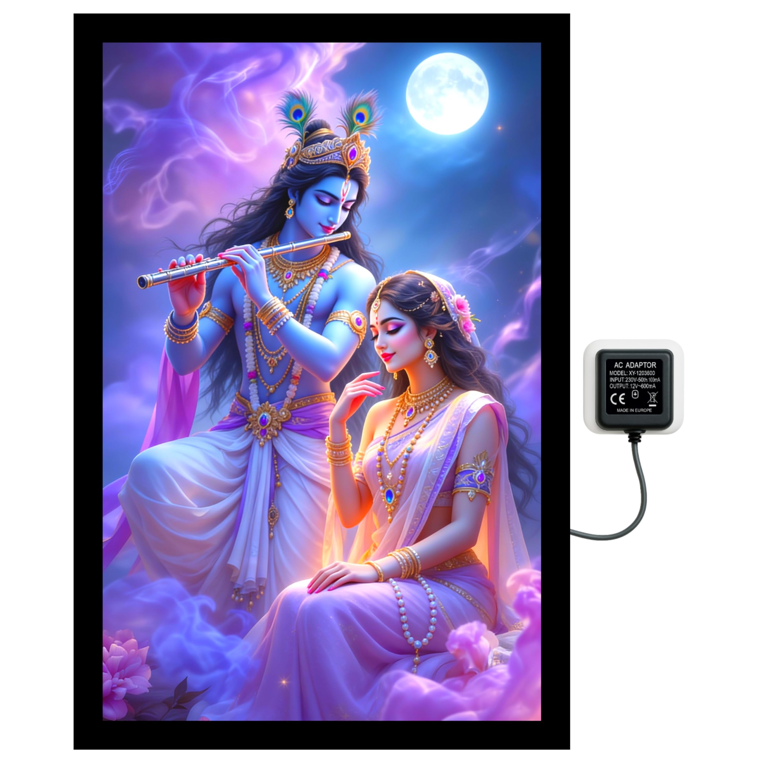 LED Backlit Radha Krishna Wall Art, Framed Religious Poster, Hindu Deity with Flute, Purple Blue Theme, AC Adapter Included-image-8