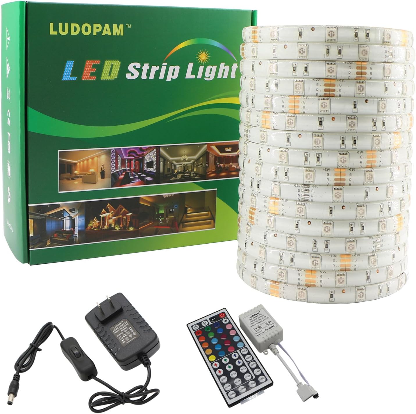 LudoPam Flexible Led Strip Lights IP65 Waterproof SMD5050 RGB Color Changing Full Kit with 44 Keys IR Remote Controller DC 12V Power Supply for Kicthen Bedroom Sitting Room and Outdoor Garden