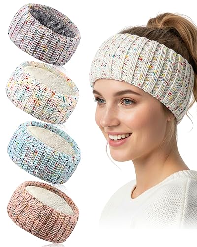 Geyoga 4 Pcs Winter Headbands for Women Fleece Lined Knit